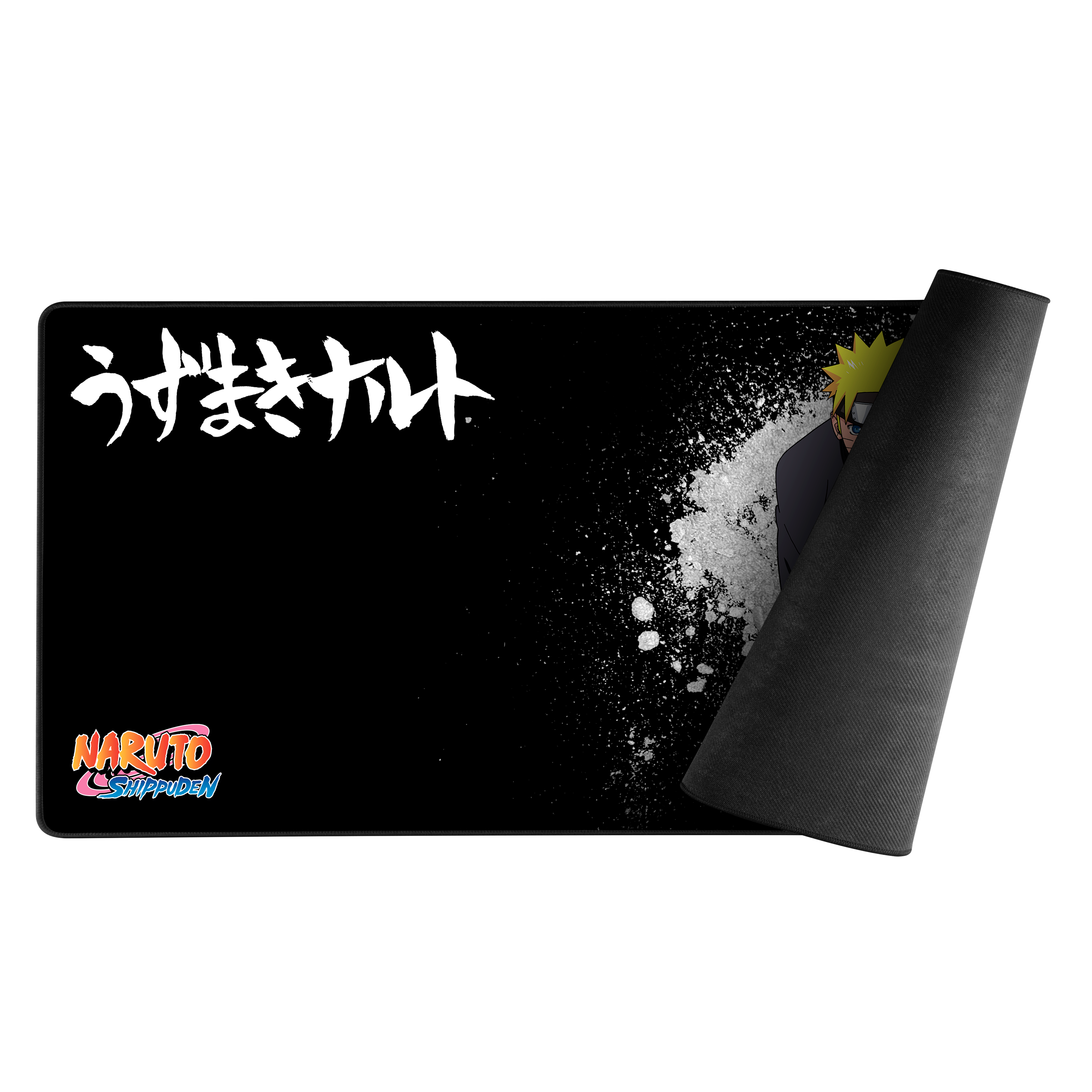 Alfombrilla Naruto, negra con texto blanco e imagen de personaje.