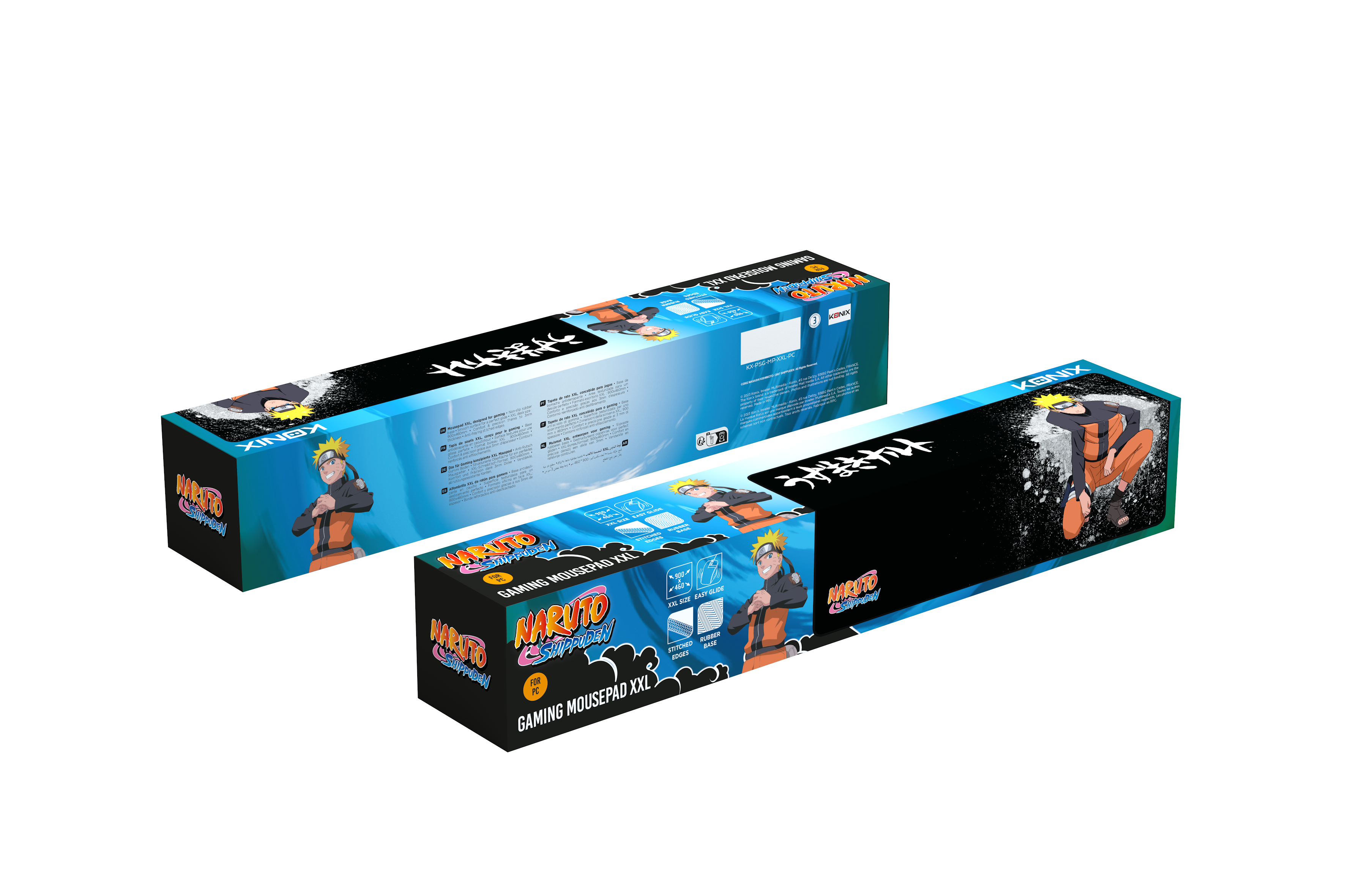 Caja de alfombrilla de ratón para juegos de Naruto. Dos cajas con el personaje de Naruto. Colores azul y naranja. Fondo blanco.