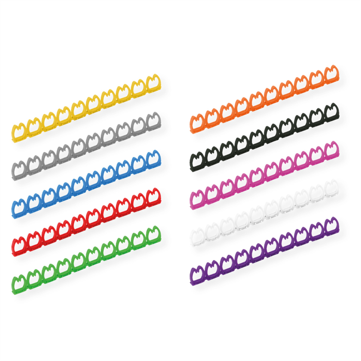File di clip di plastica in vari colori: giallo, grigio, blu, rosso, verde, arancione, nero, rosa, bianco, viola.