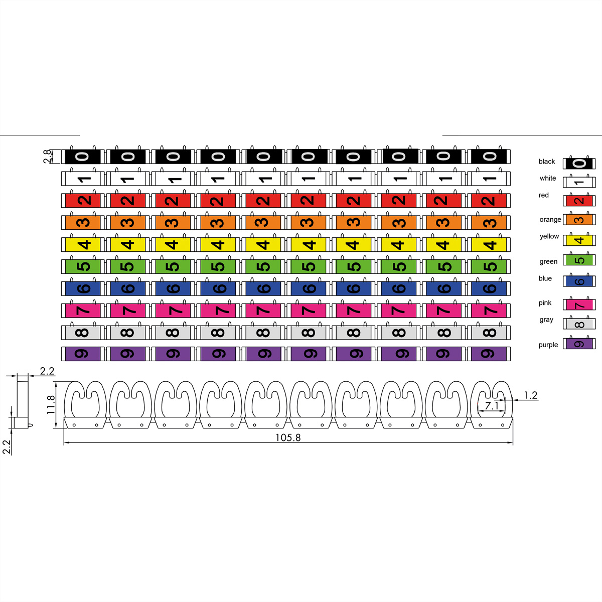 Etichette per cablaggio con codice colore, numeri e connettori a gancio.