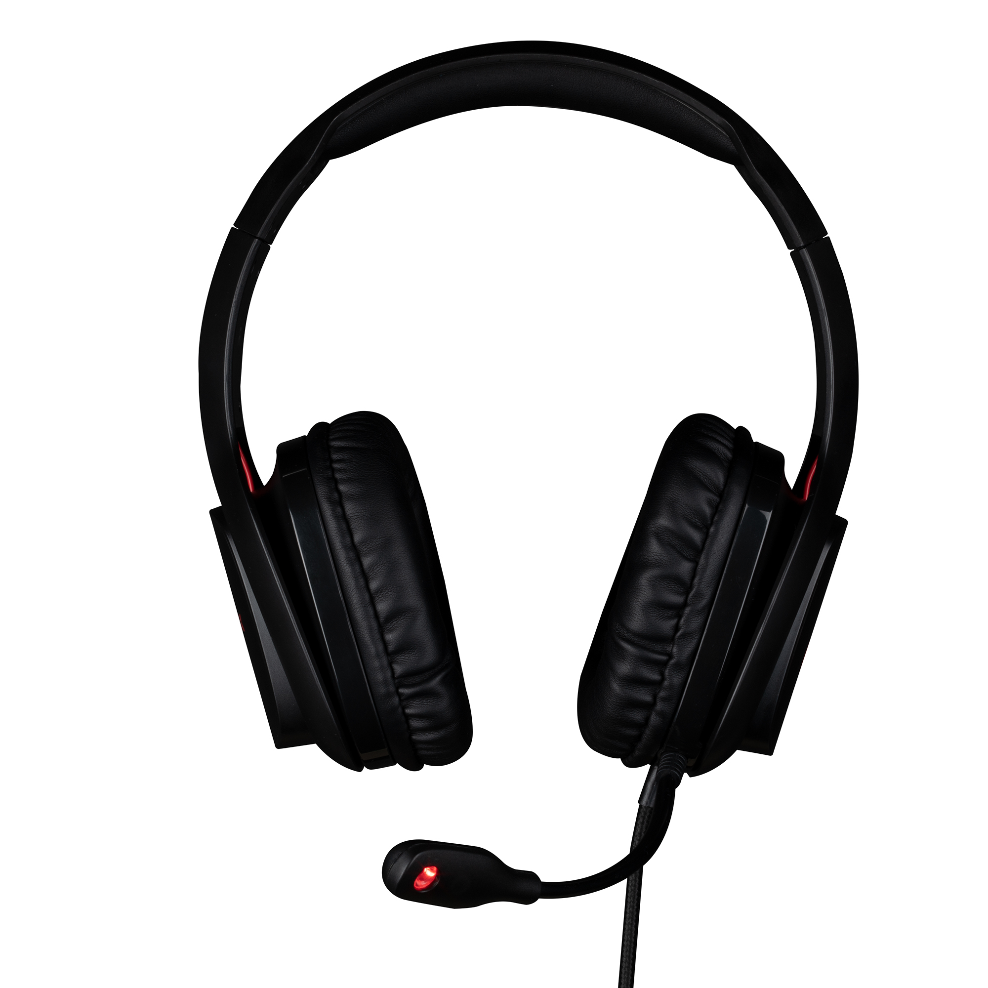 Cuffie da gioco nere con microfono. Accenti rossi sui padiglioni auricolari. Sfondo bianco.