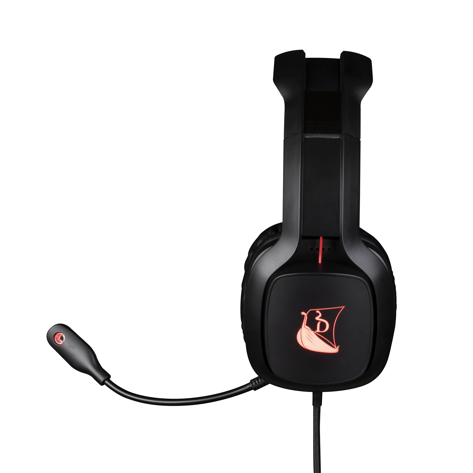 Cuffie da gioco nere con dettagli rossi e microfono, isolate su bianco.
