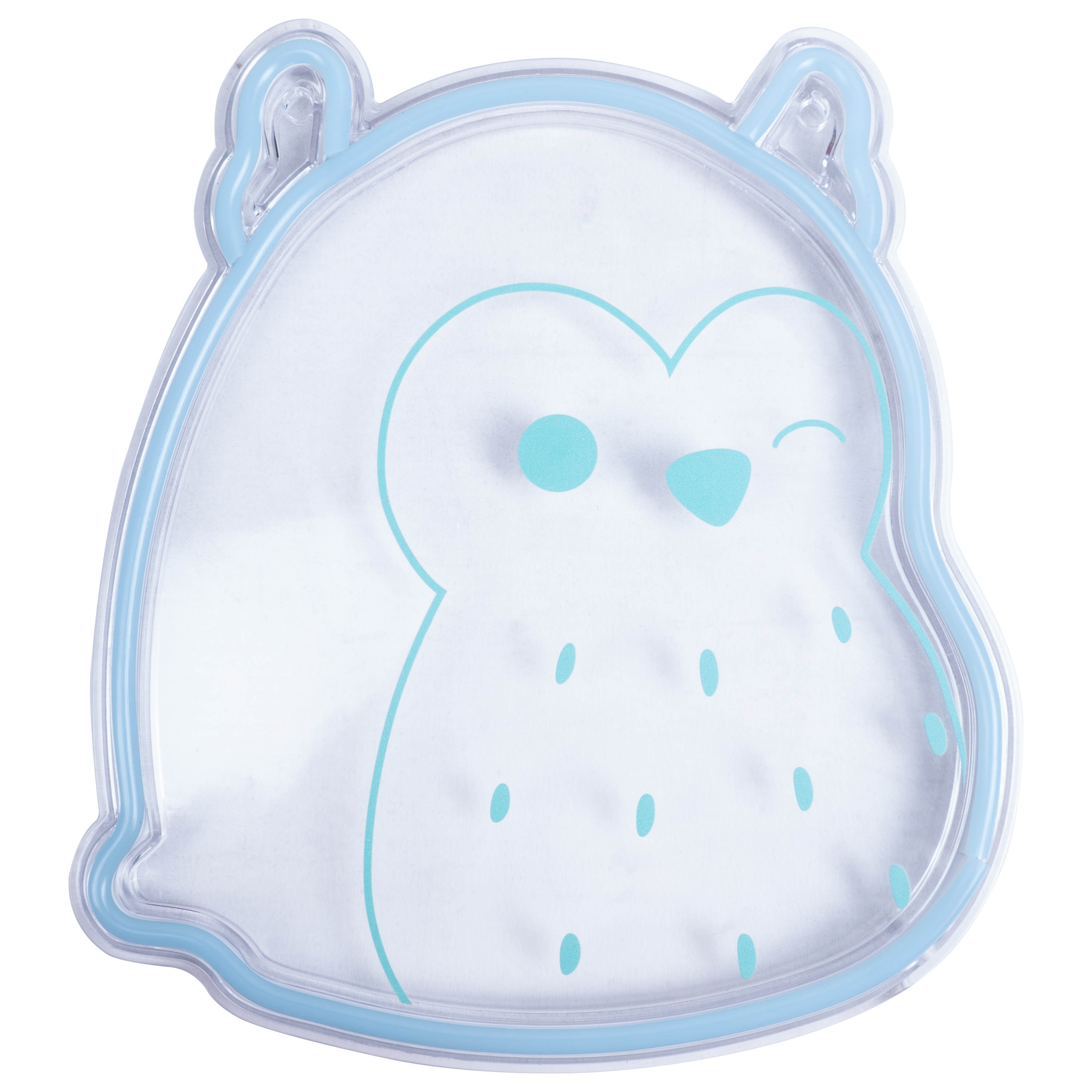Uilvormige transparante plastic container met een blauwe omtrek en blauwe ogen. De container knipoogt.