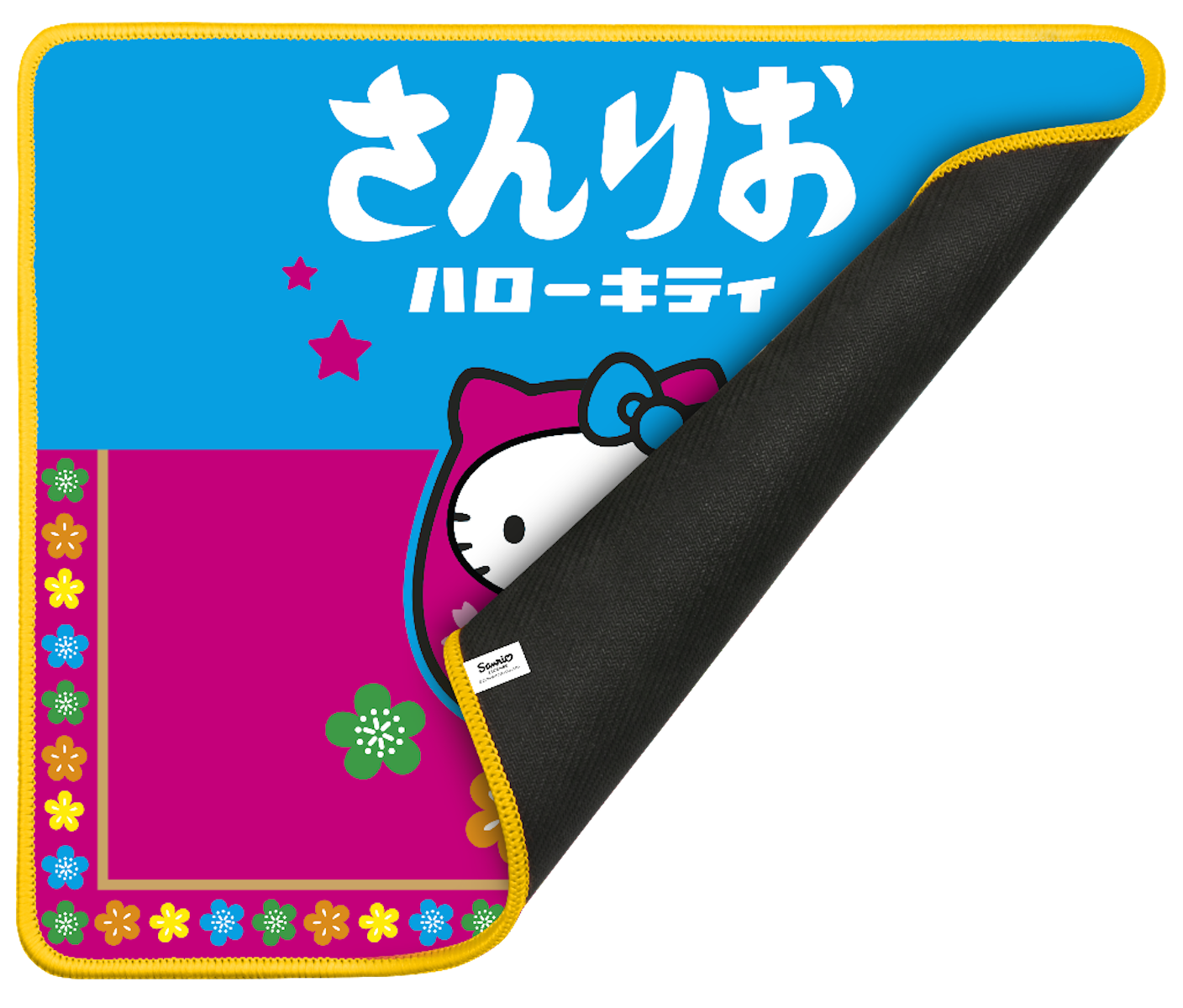 Hello Kitty-Matte mit Hello Kitty-Figur und japanischem Text vor blauem und pinkfarbenem Hintergrund.