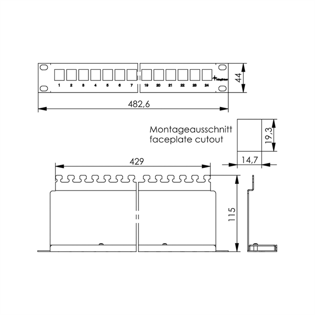 Diagramm eines Netzwerkpanels mit Maßen in mm.