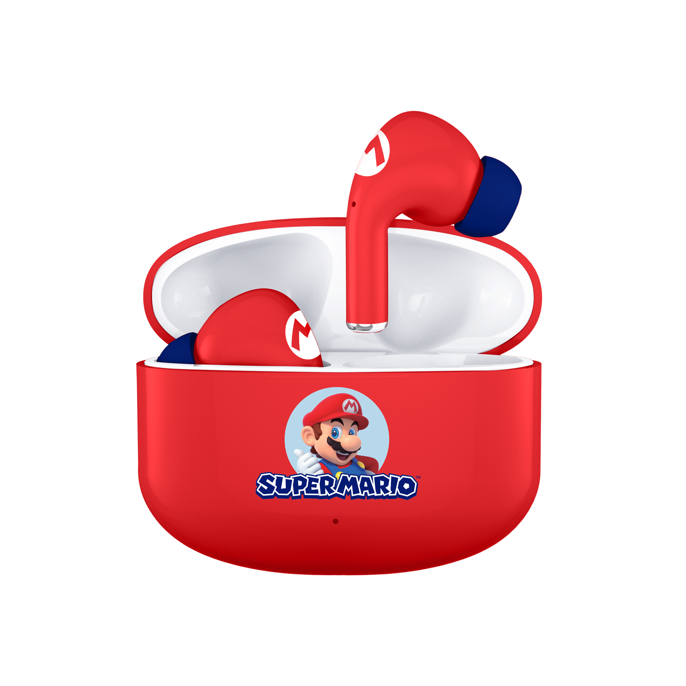 Rote Super Mario Ohrhörer in einem roten Etui, mit einem Super Mario Logo und Hut-Symbol auf weißem Hintergrund.
