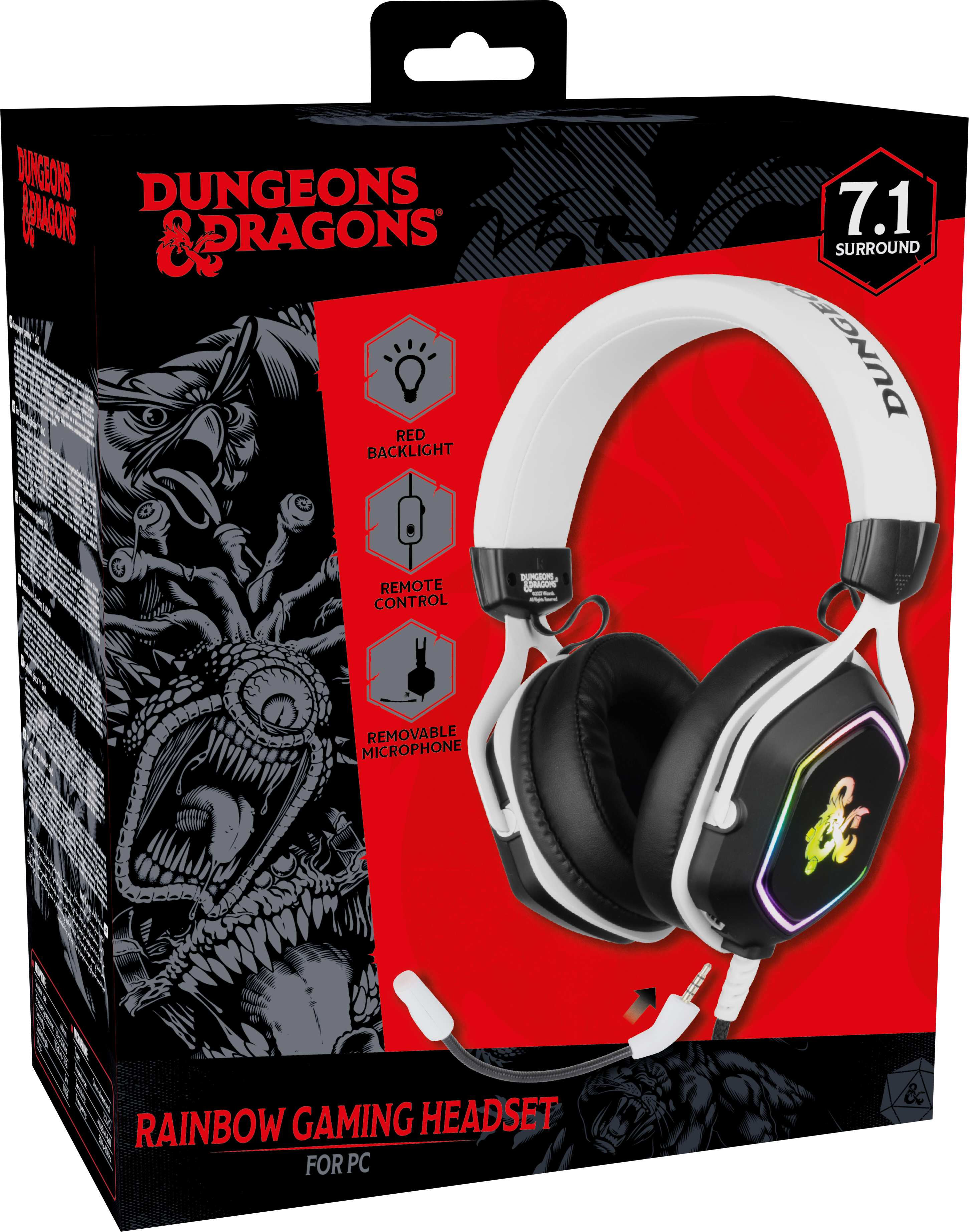 Pudełko z zestawem słuchawkowym do gier z białym i czarnym zestawem słuchawkowym oraz czerwonym i czarnym tłem.