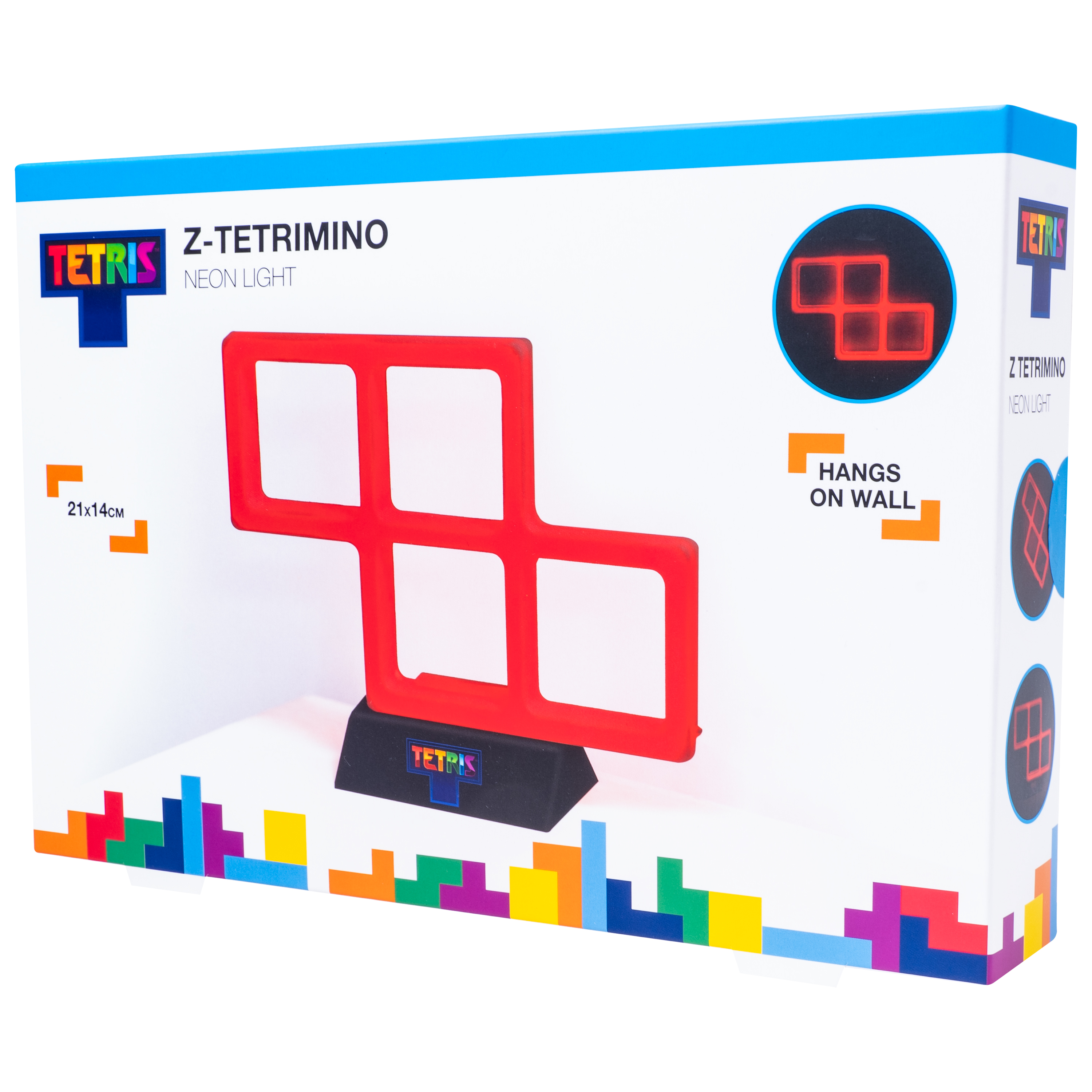 Tetris neonlicht in rood op een zwarte basis, in een doos met witte achtergrond.