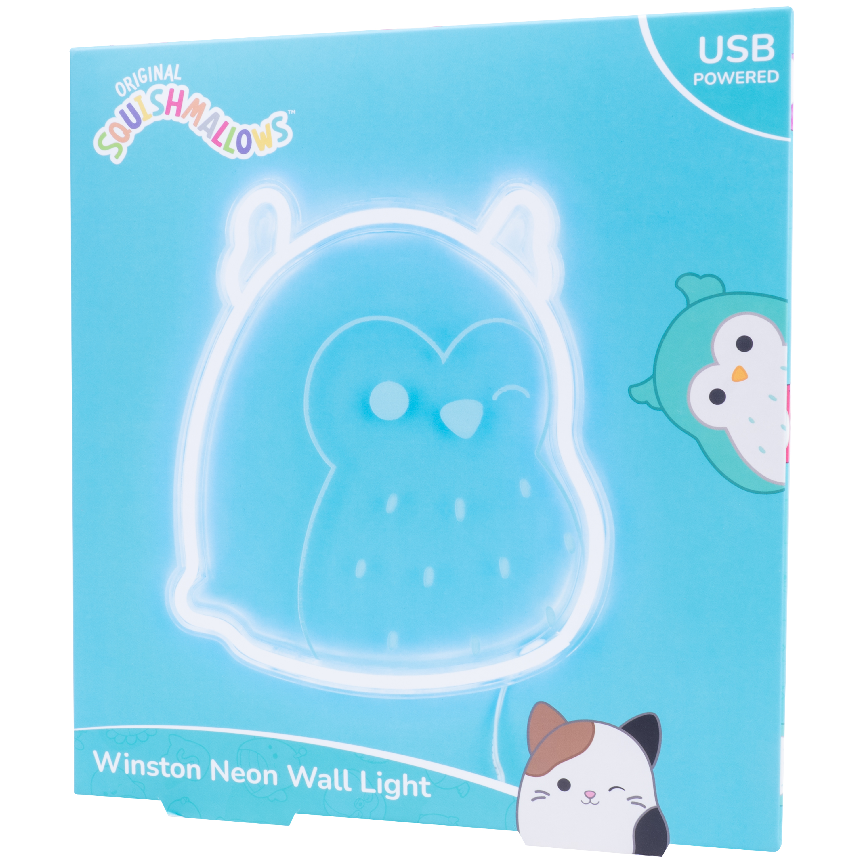 Een vierkant oplichtend bord met een tekenfilm uil, in een blauwe doos.
