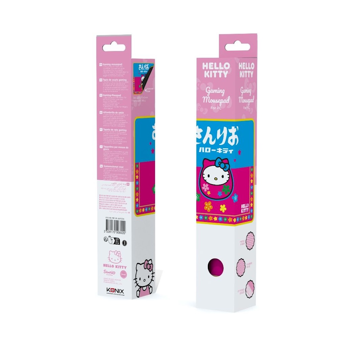 Zwei Hello Kitty Mousepad-Boxen, eine geöffnet. Rosa und weißes Design mit japanischem Text.