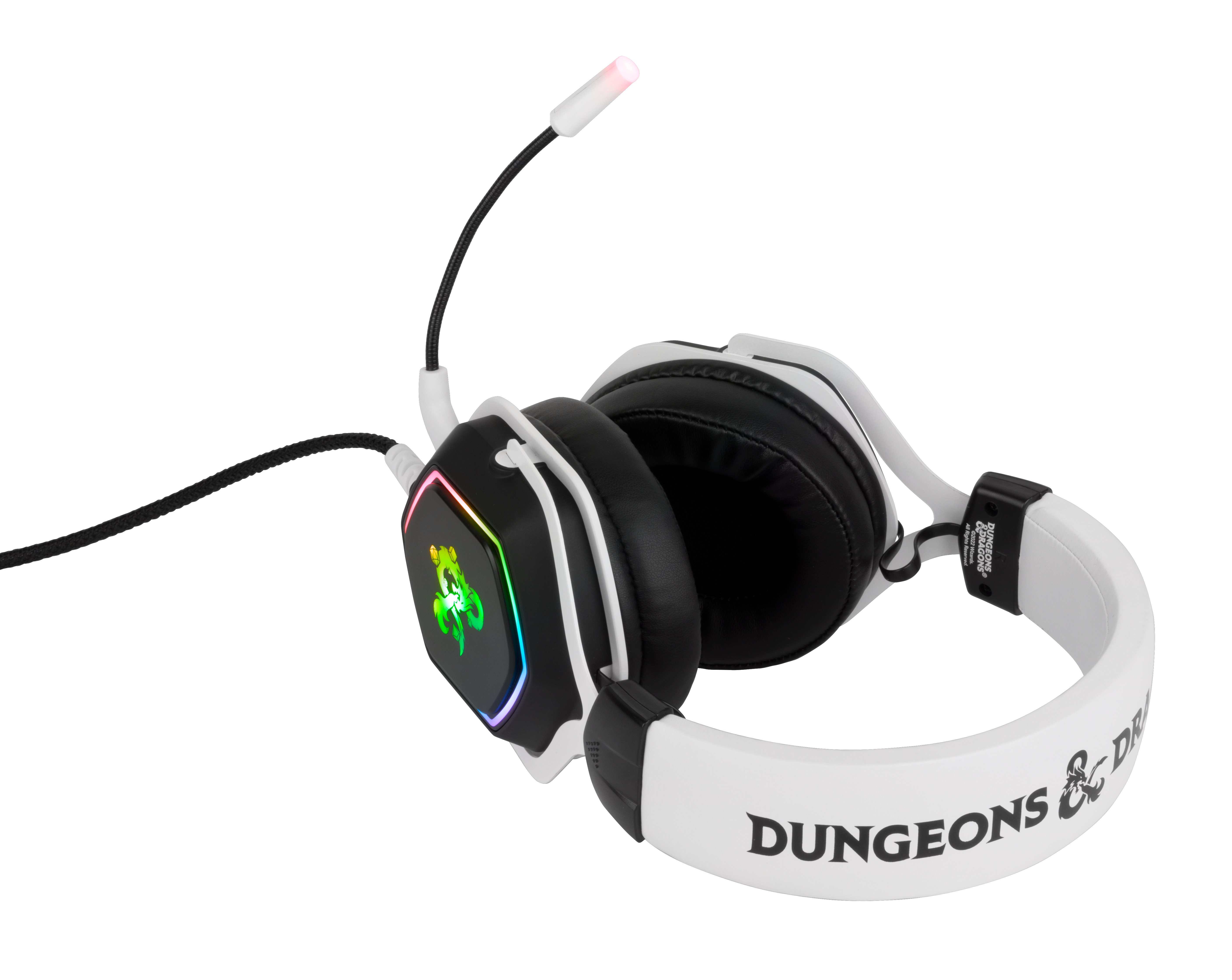 Biało-czarny zestaw słuchawkowy dla graczy z mikrofonem. Logo Dungeons & Dragons jest widoczne.