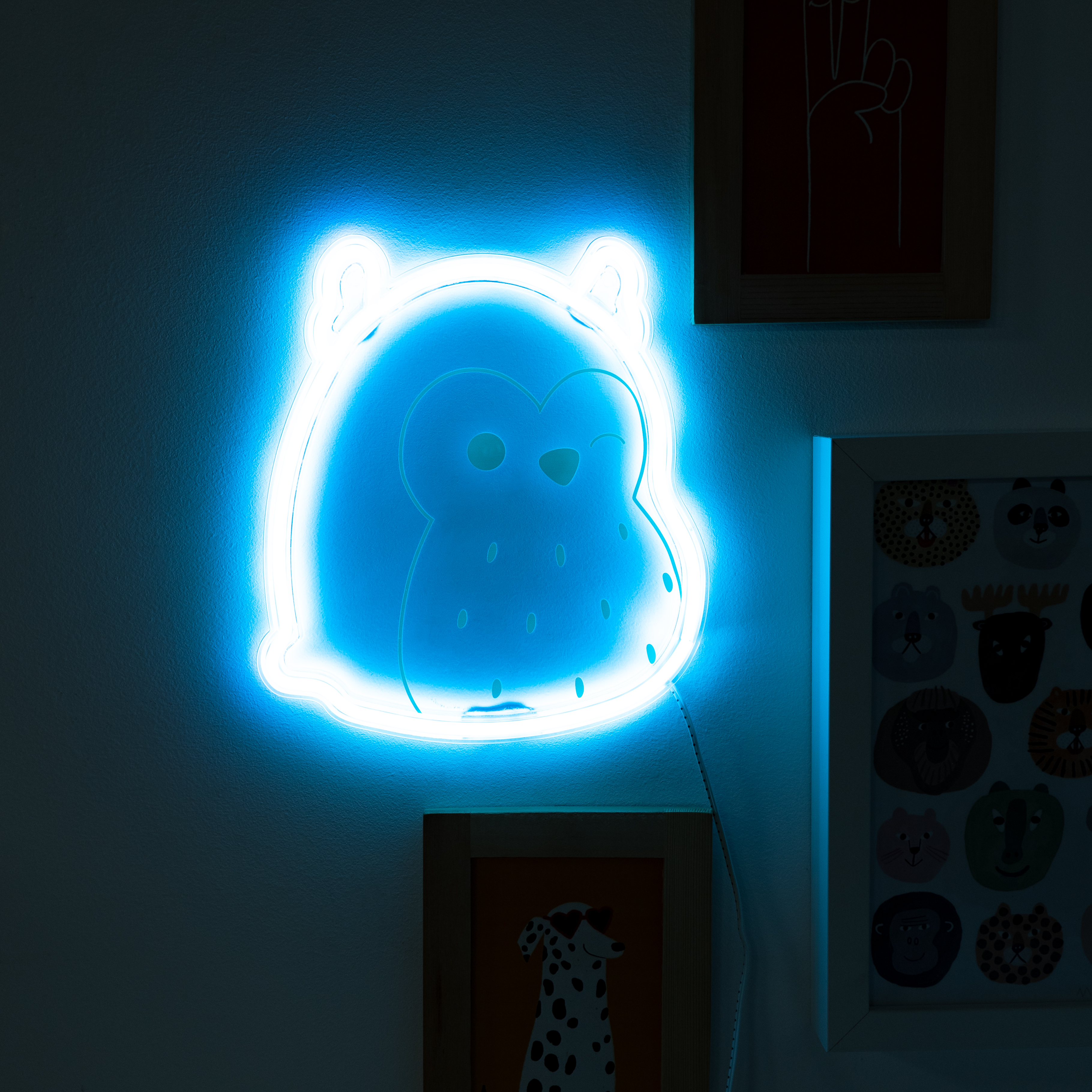 Een blauwe neon uil licht op een witte muur met ingelijste foto's. Het licht gloeit.