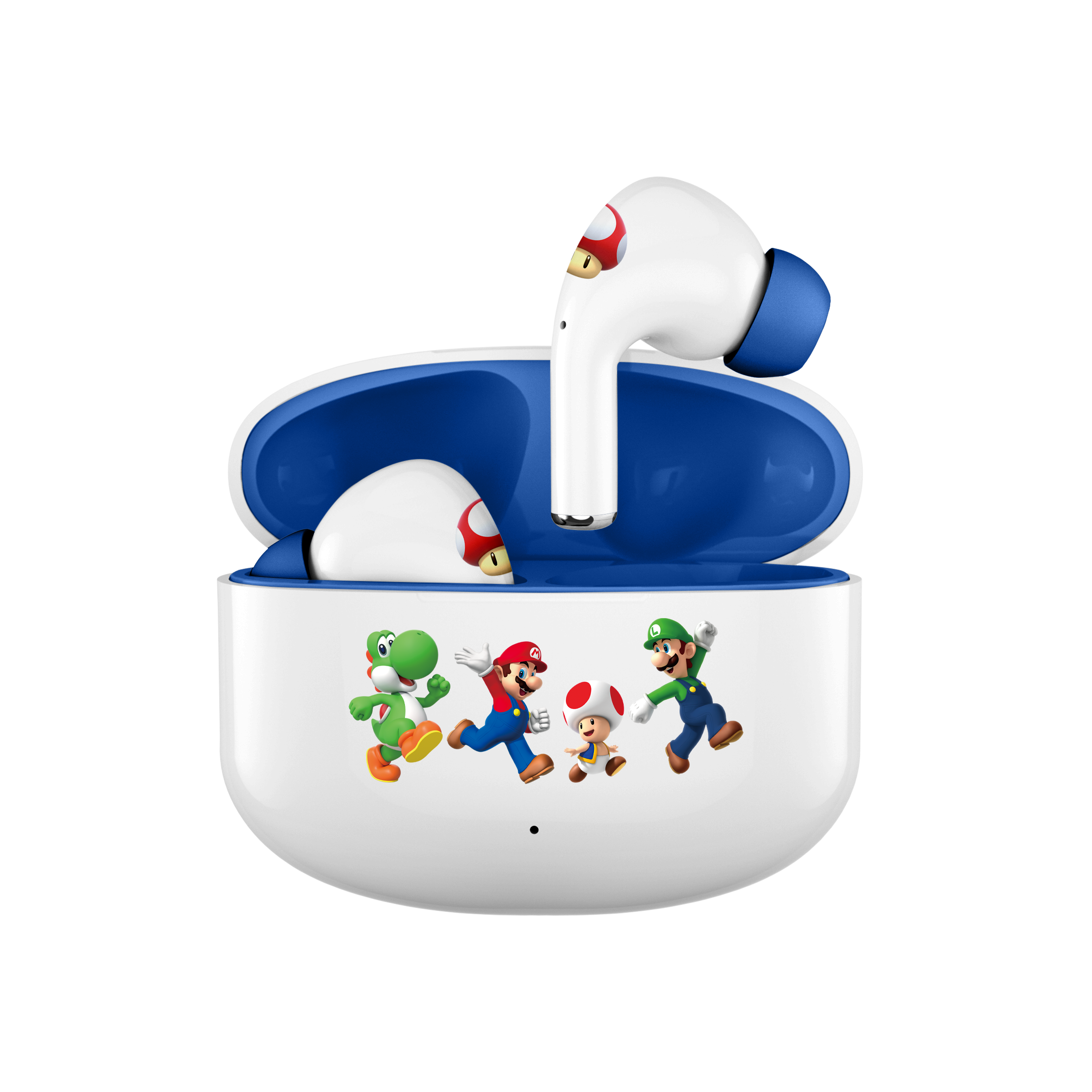 White earbuds in a charging case. Mario characters are on the case. Blue accents are seen.