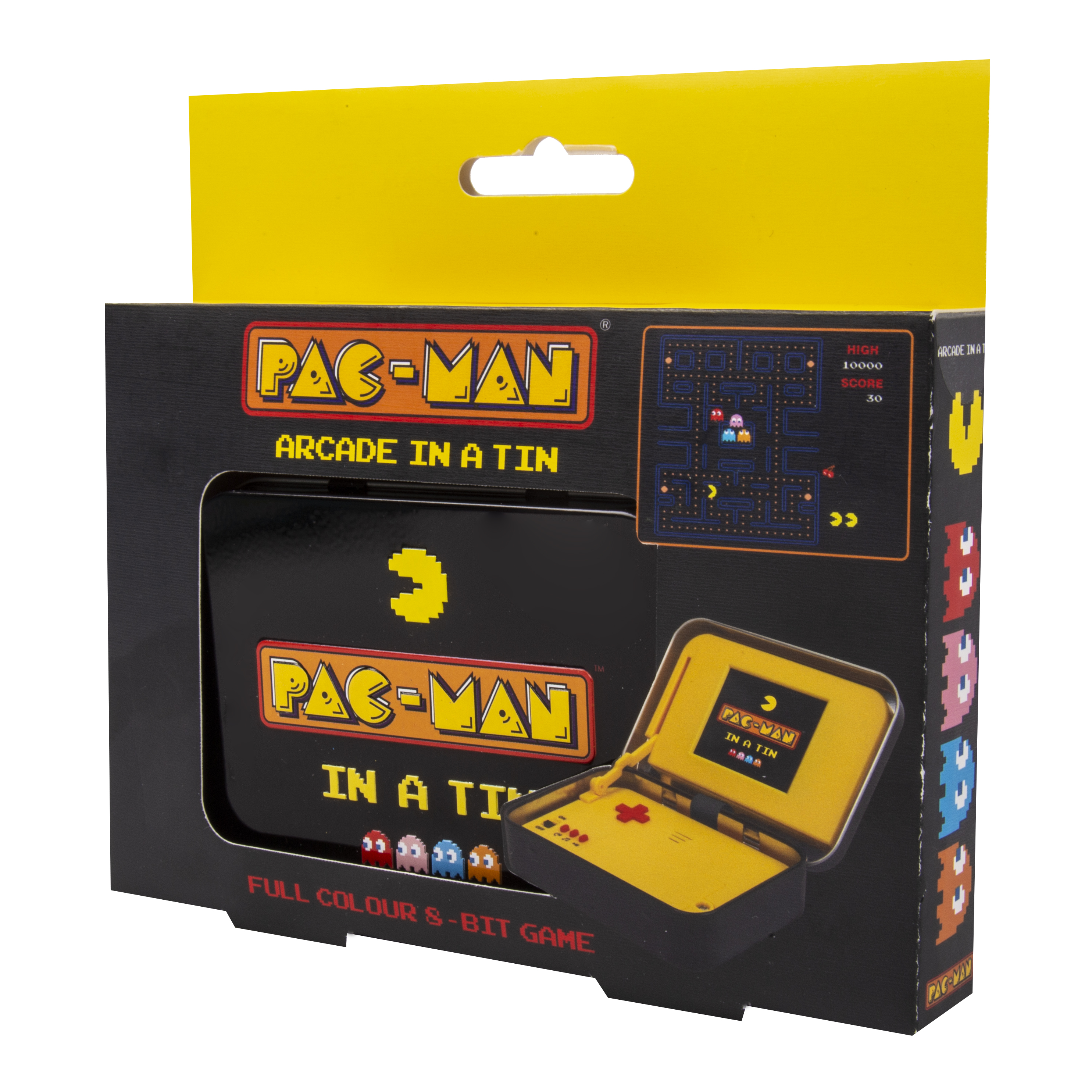 Gioco arcade Pac-Man in una scatola di latta con interno giallo. La scatola mostra il gioco.