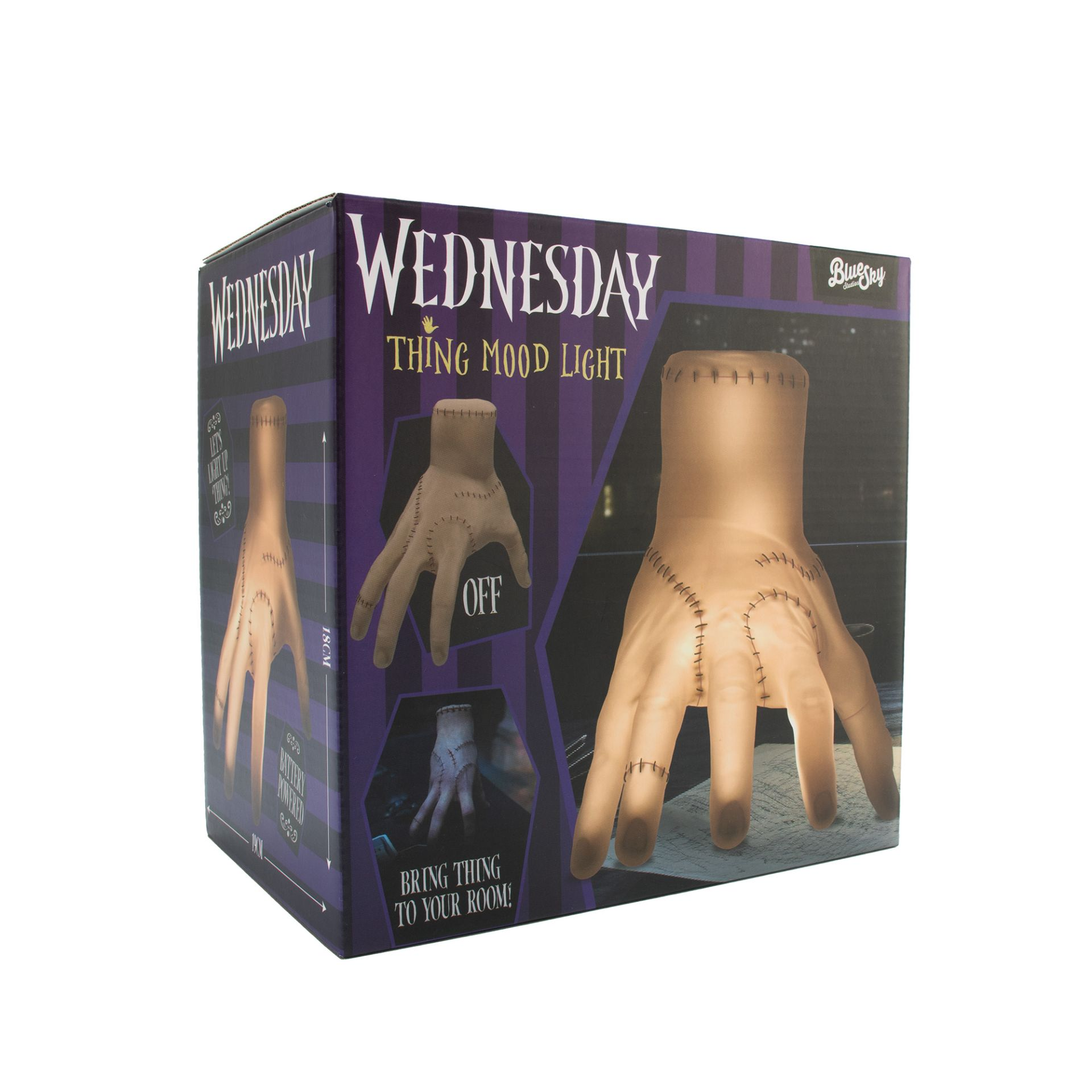 Boîte pour 'Wednesday Thing Mood Light' avec une illustration de lampe en forme de main.