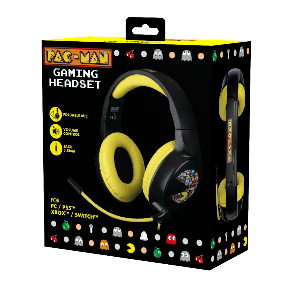 Cuffie da gioco Pac-Man nella loro scatola. Dettagli neri, gialli e colorati di Pac-Man.