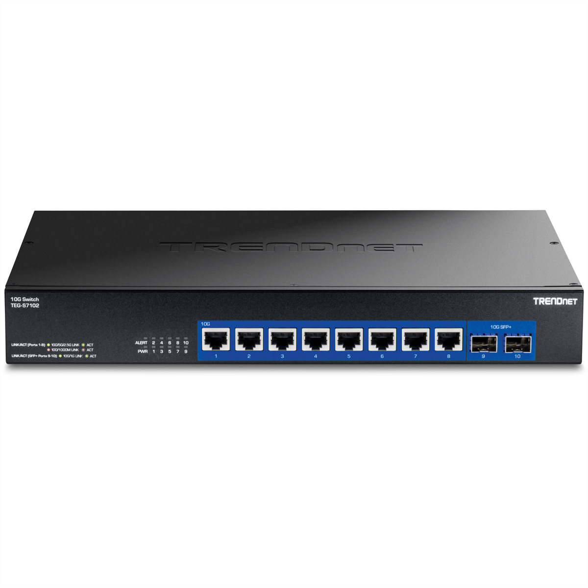 Switch TRENDnet 10G noir. Plusieurs ports sont visibles. Fond blanc. Étiqueté avec des ports.