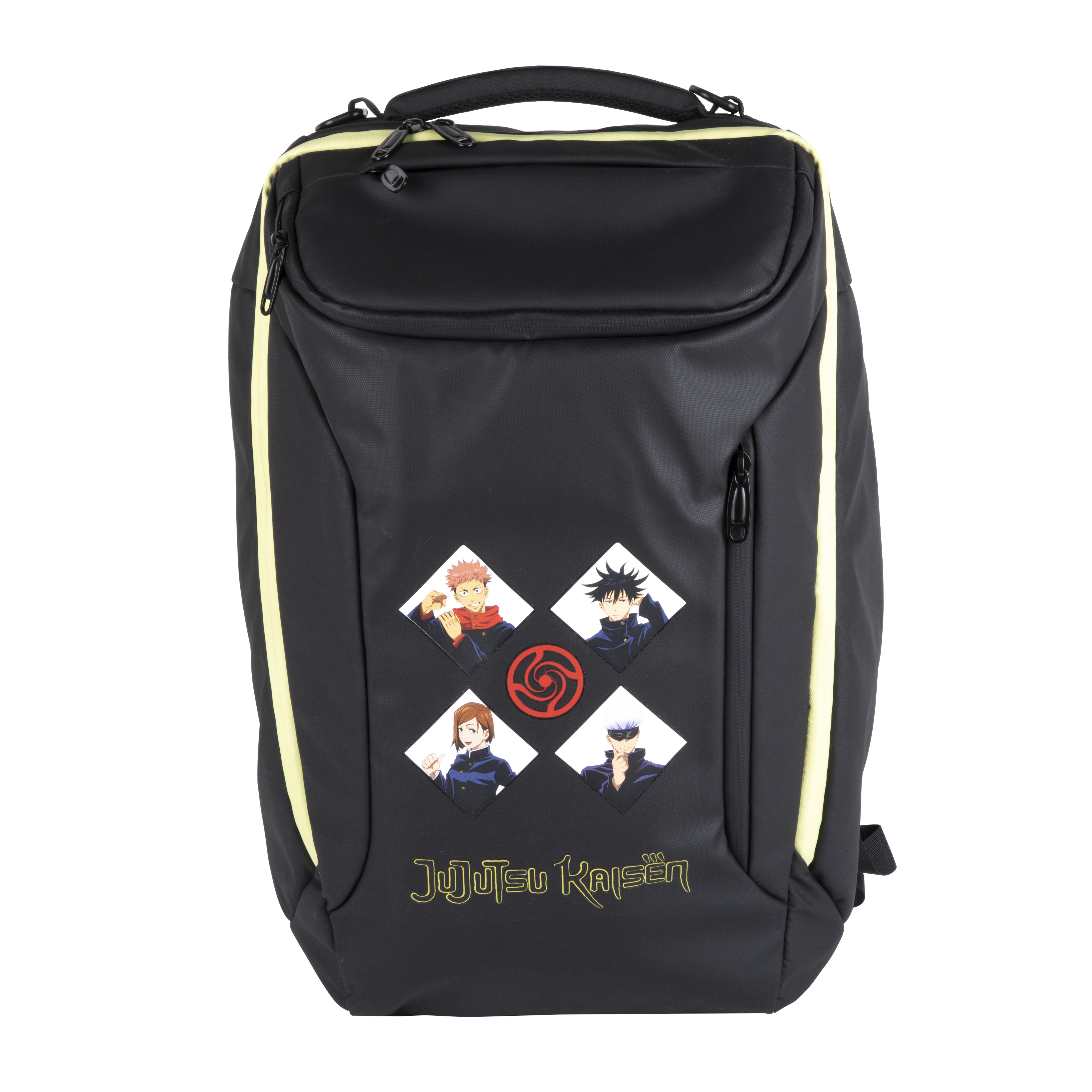 A black backpack with Jujutsu Kaisen character stickers and yellow accents.
