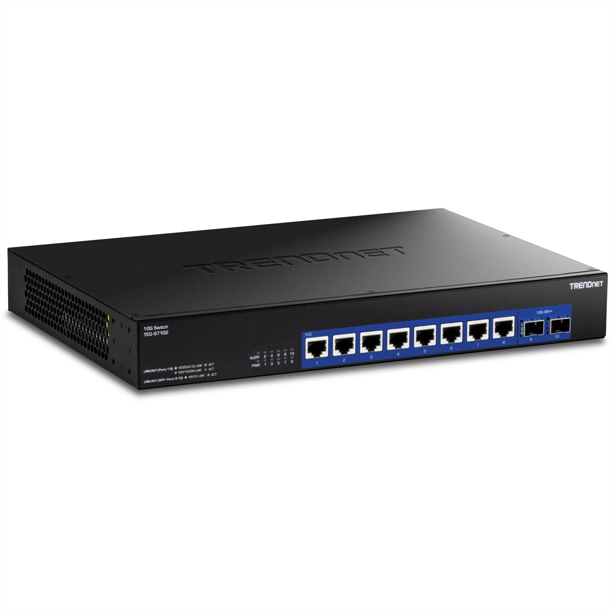Commutateur TRENDnet noir à 10 ports. Il possède 10 ports Ethernet. Texte TRENDnet blanc en haut. Lumières bleues et vertes.