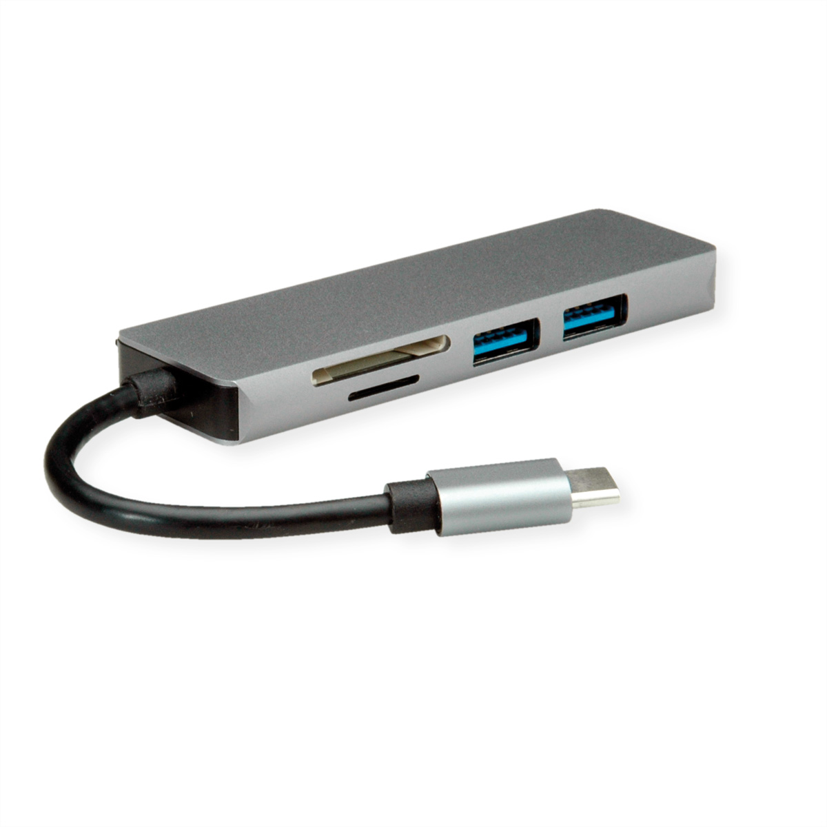 Un hub USB gris avec ports et câble noir. Arrière-plan : blanc.