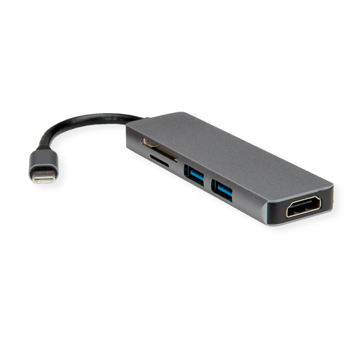 Un hub USB-C gris avec divers ports, dont USB et HDMI.