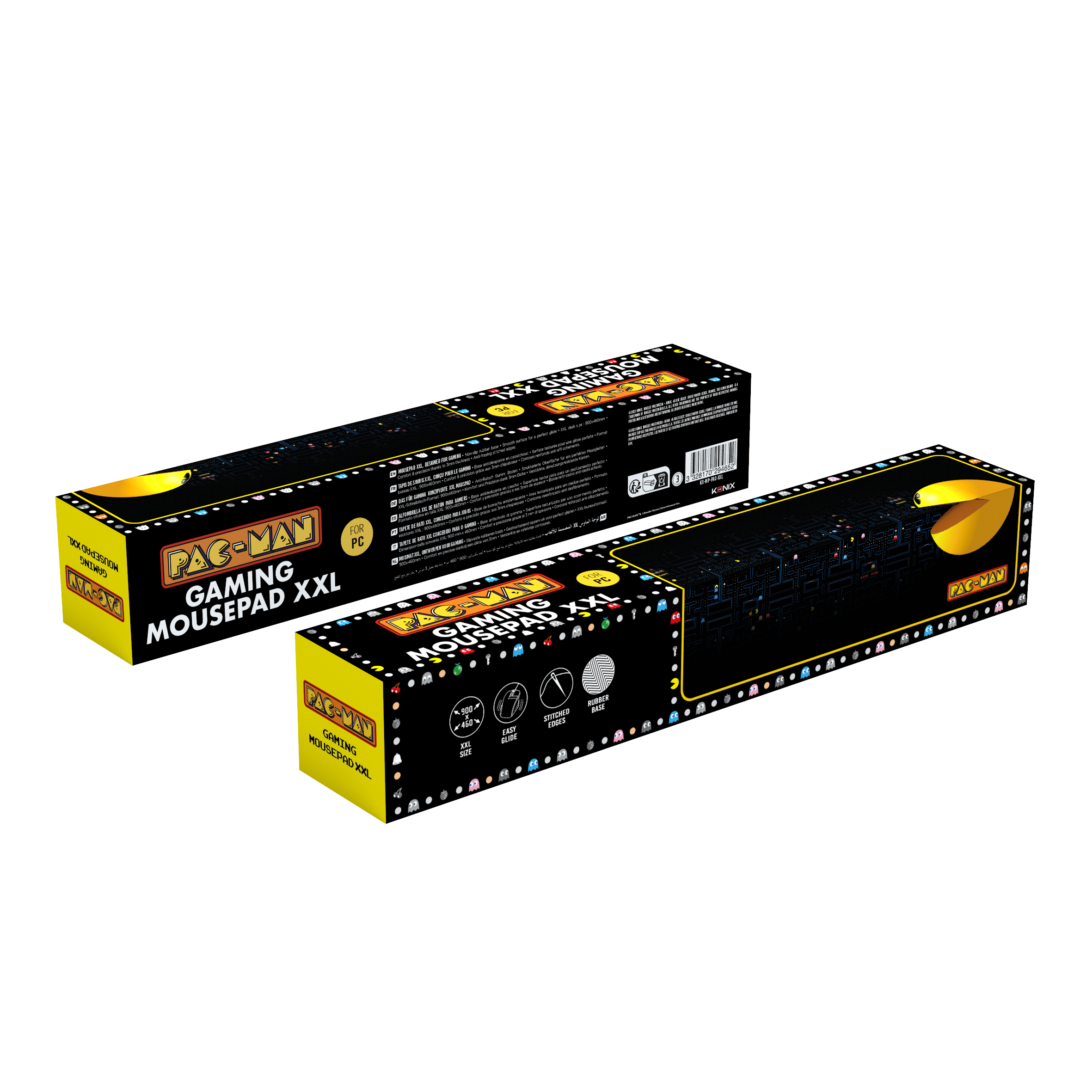 Dwa pudełka podkładek pod mysz Pac-Man gaming. Projekt jest żółty i czarny. Tło jest czarne.