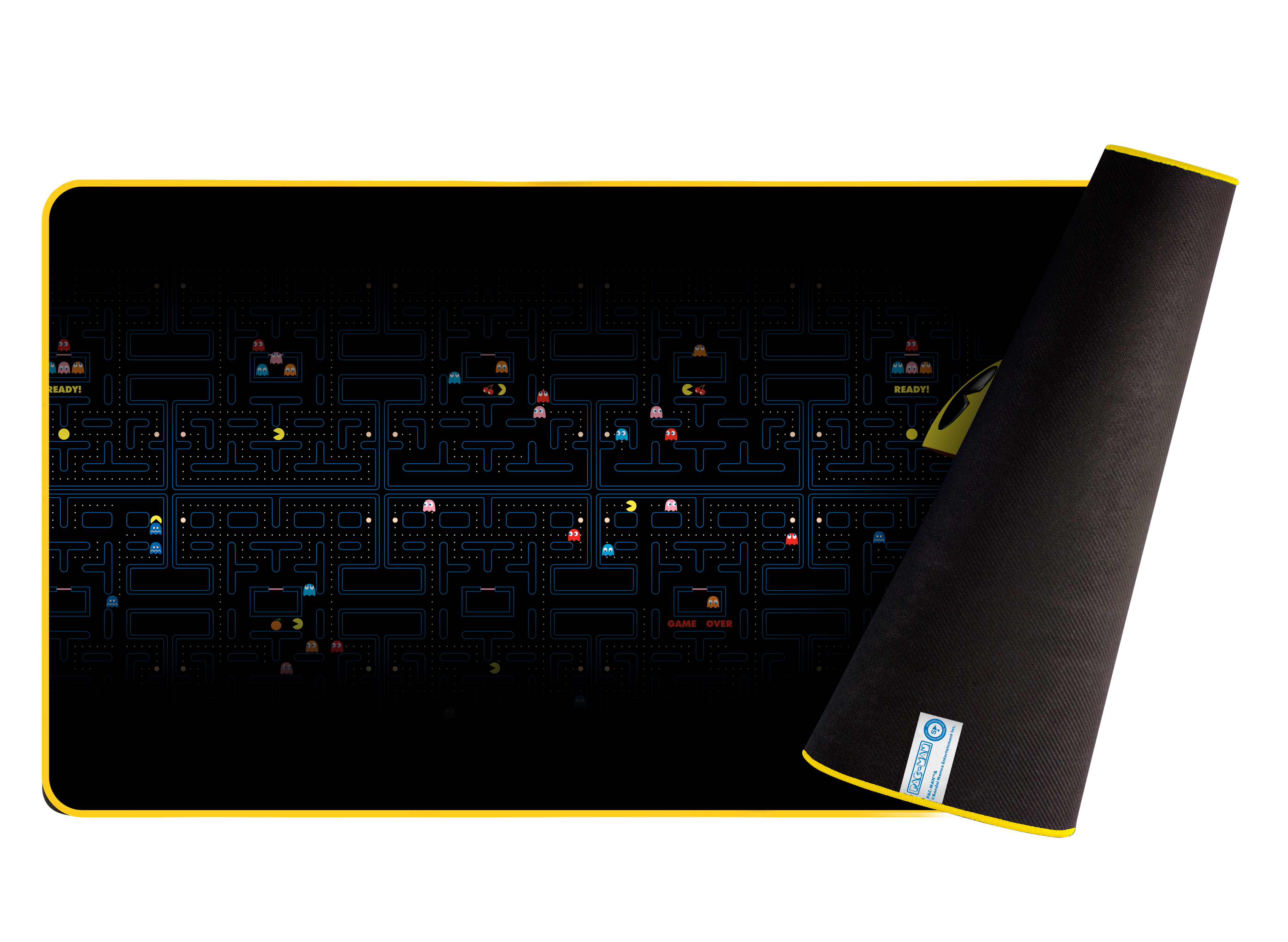 Podkładka pod mysz do gry Pac-Man, z projektem mapy gry, częściowo zwinięta.