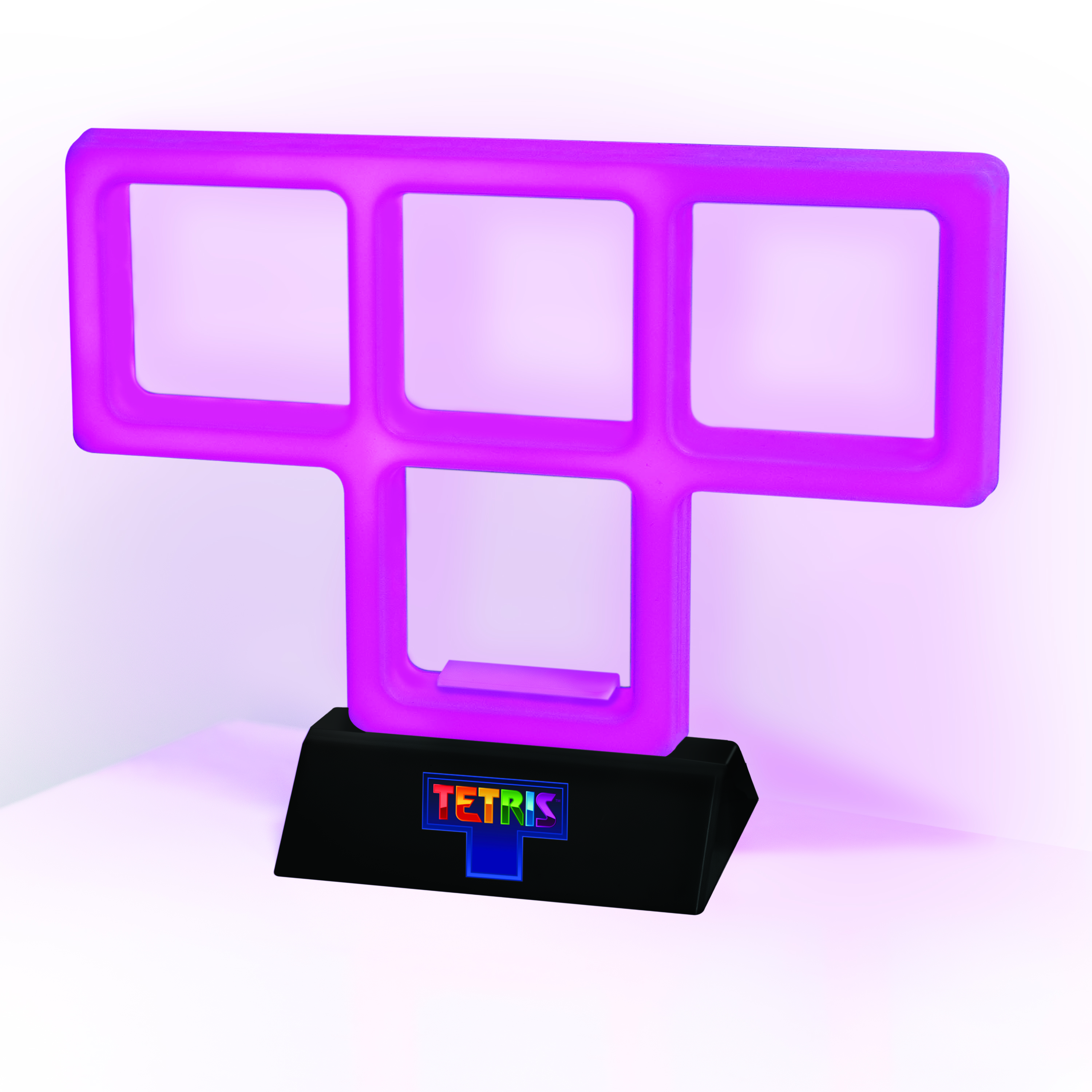 Roze Tetris licht. Tetris logo op de basis. Witte achtergrond.