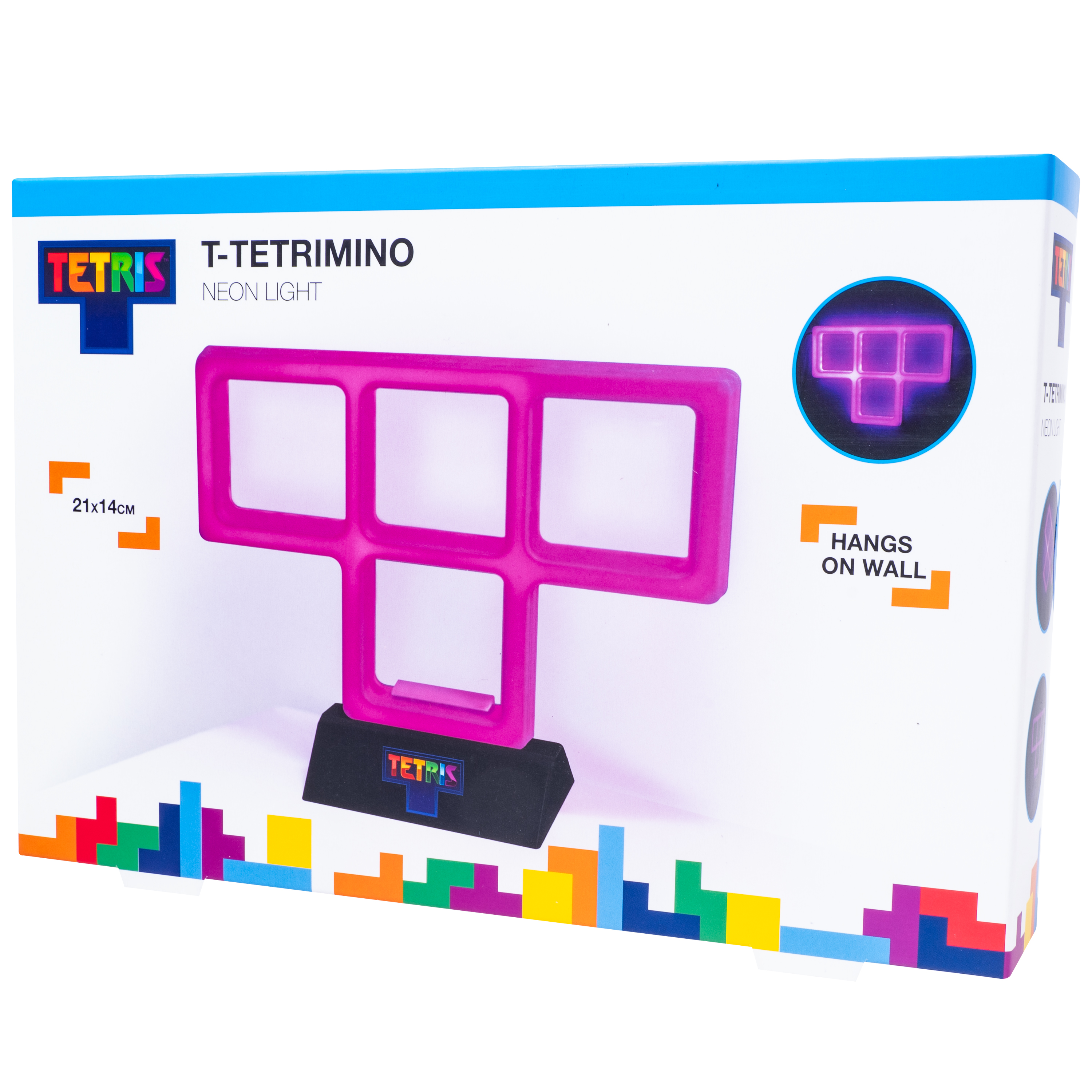 Een Tetris neonlicht in een doos. Roze T-Tetrimino vorm. De doos toont het neonlicht verlicht.