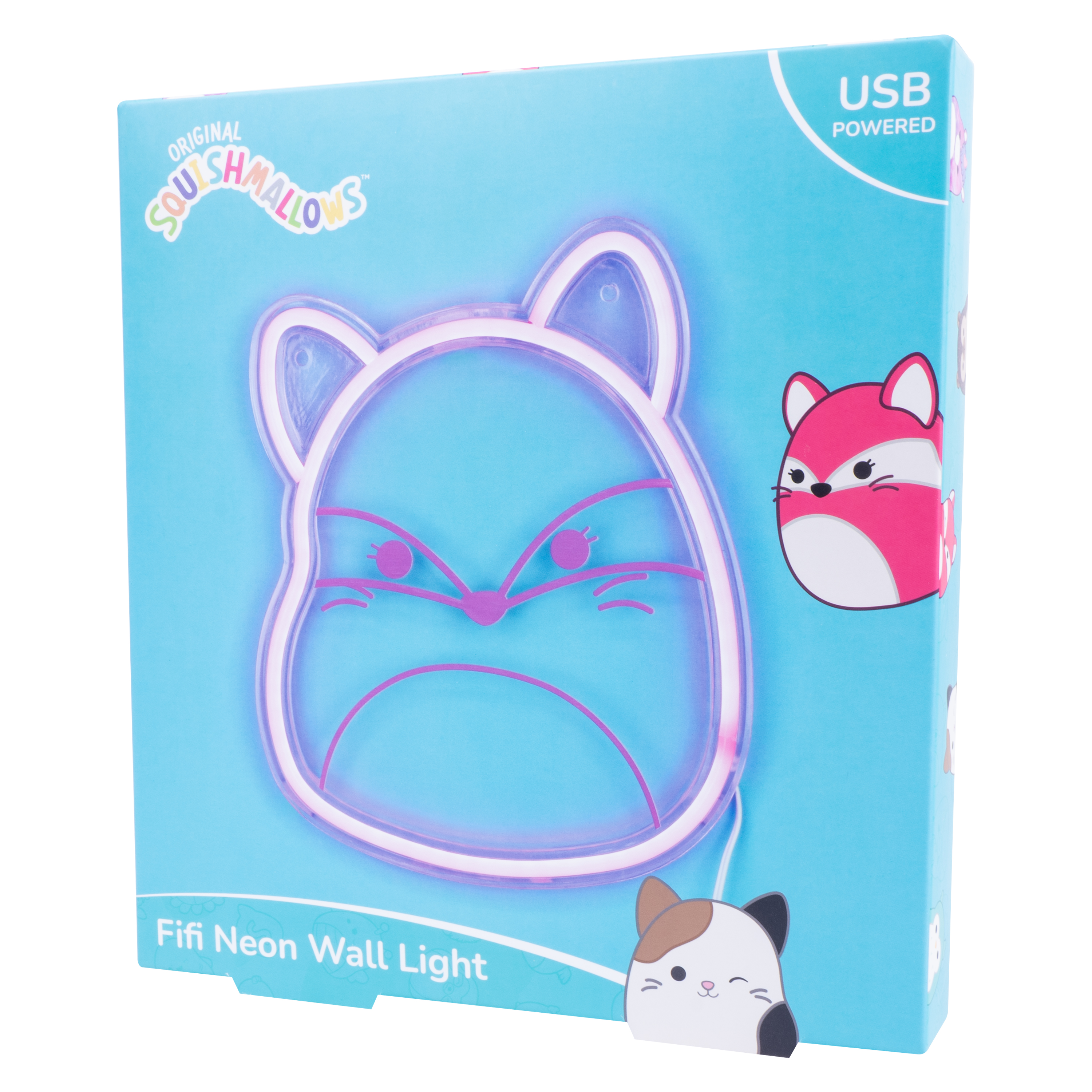 Een lichtblauwe doos met een roze neon kattenkop. Er staat 'Fifi Neon Wall Light'.