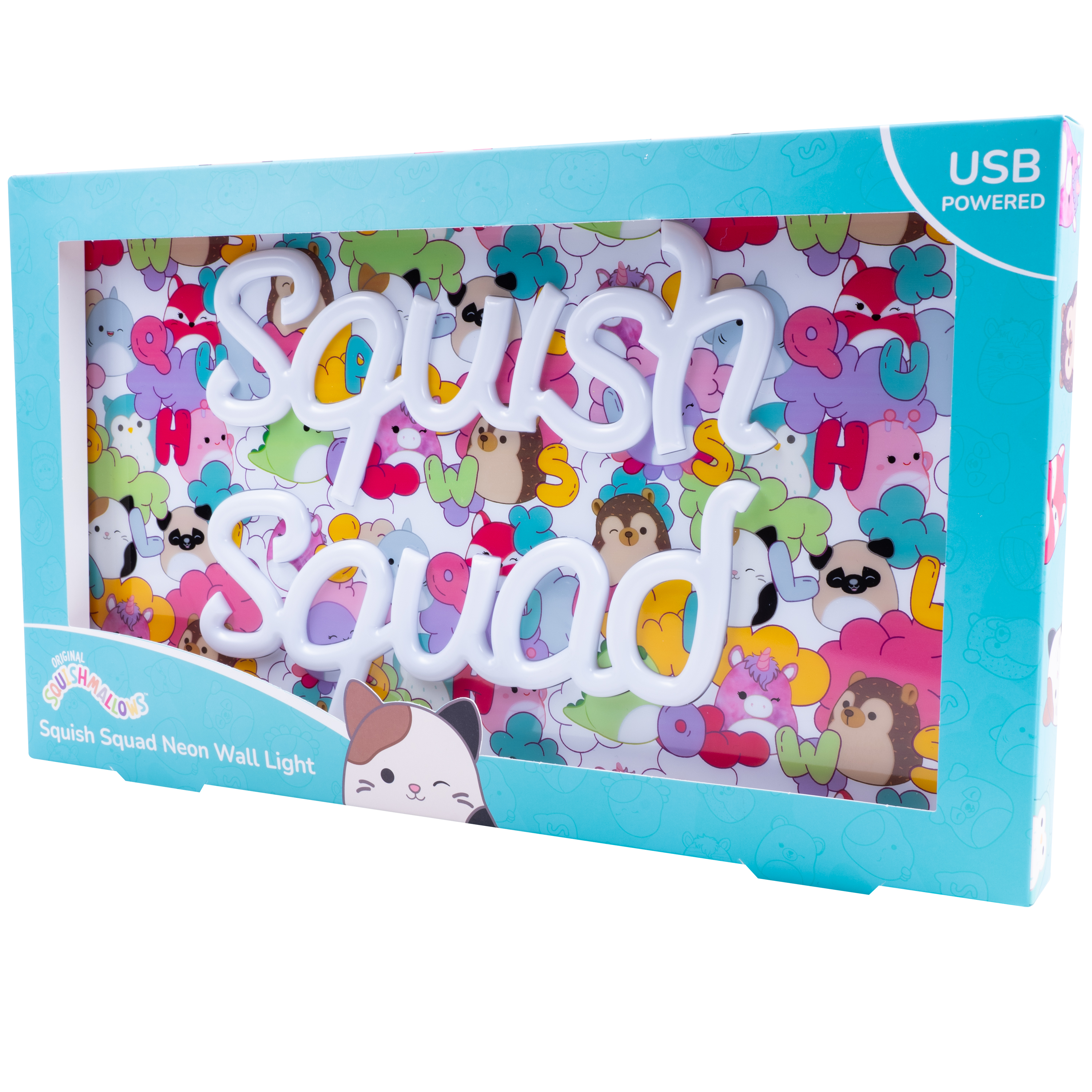 Een blauwe doos met een wit neonbord met 'Squish Squad' en kleurrijke cartoonfiguren op de achtergrond.