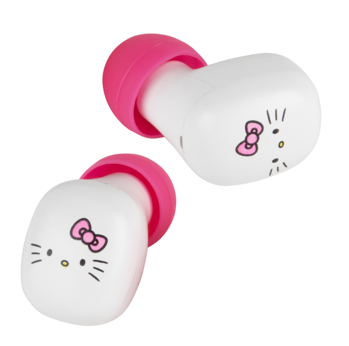 White earbuds with pink tips, decorated with Hello Kitty faces.