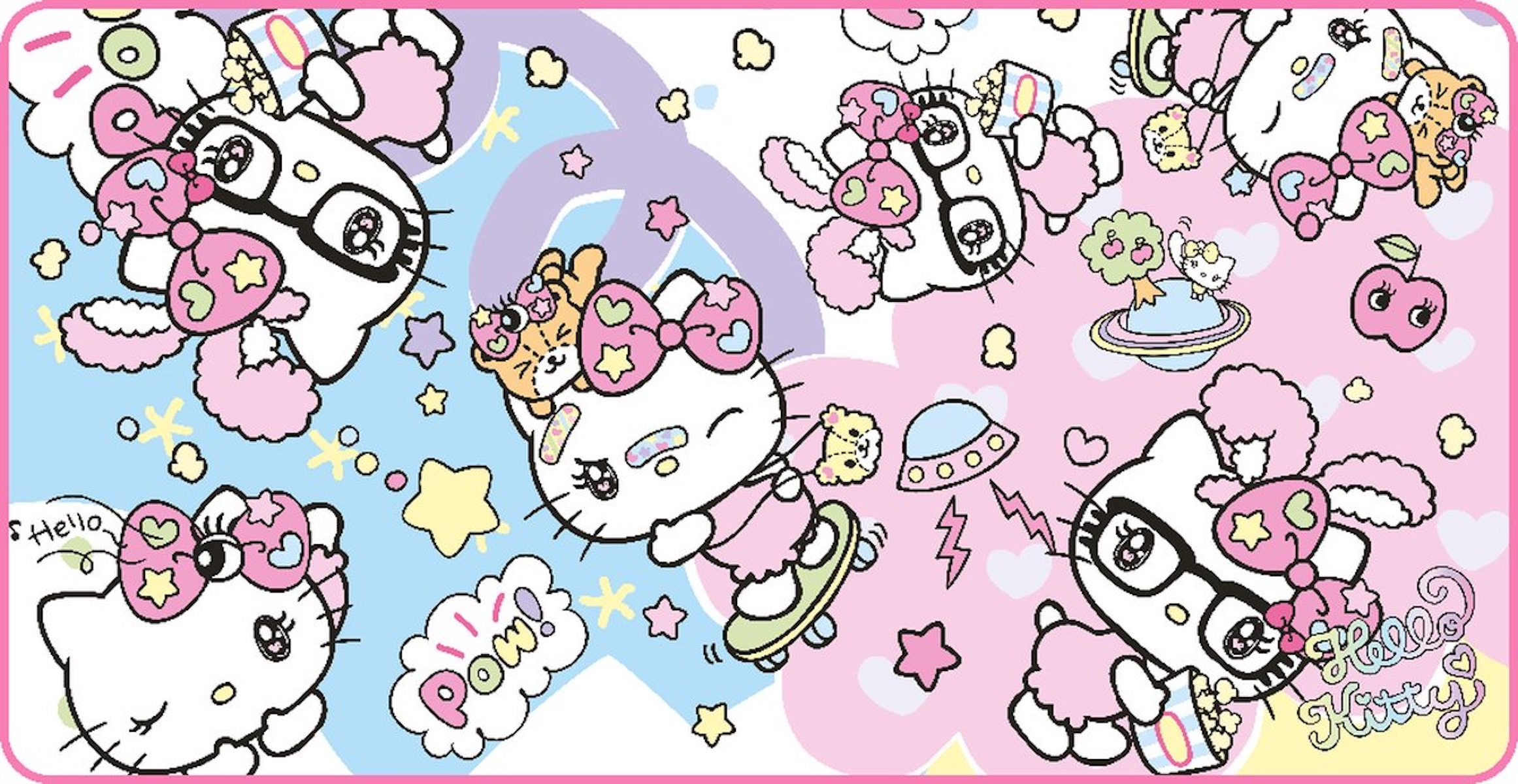 Obrus z motywem Hello Kitty z postaciami z kreskówek, gwiazdkami i pastelową kolorystyką.