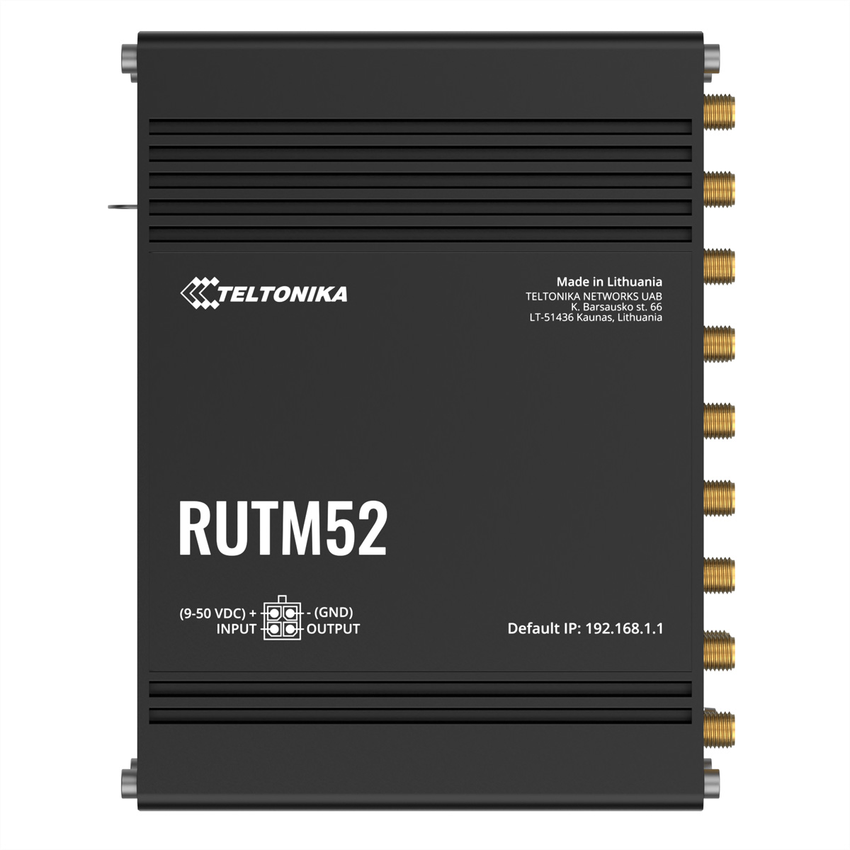 Un routeur noir étiqueté RUTM52. Il possède plusieurs ports et est fabriqué en Lituanie.