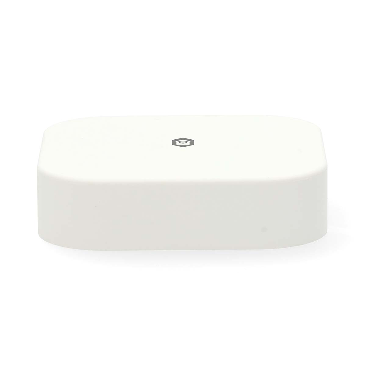Een wit, rechthoekig apparaat met afgeronde randen, waarschijnlijk een slimme homehub of vergelijkbare elektronica.