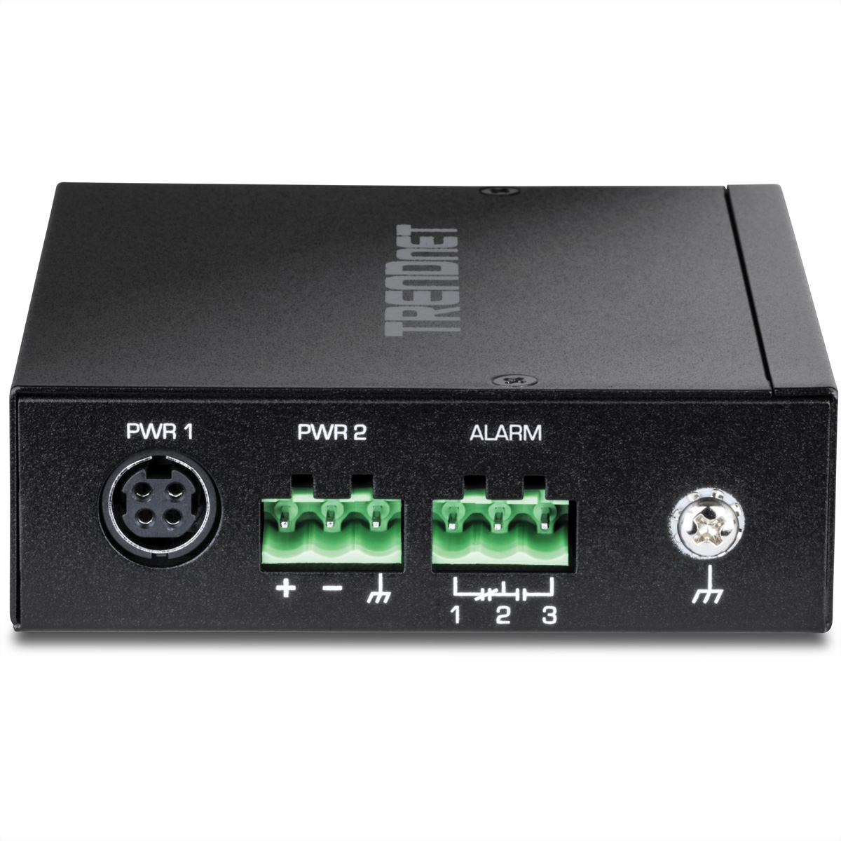 Appareil TRENDnet noir avec ports et bornes. Étiqueté PWR1, PWR2 et ALARM. Fond blanc.