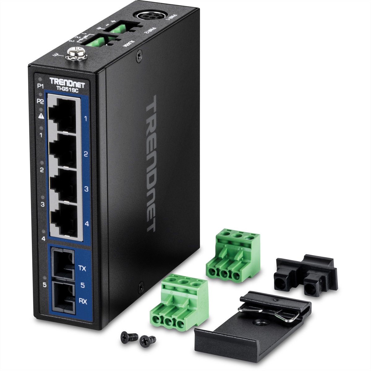 Un commutateur industriel TRENDnet noir avec ports et un fond blanc.