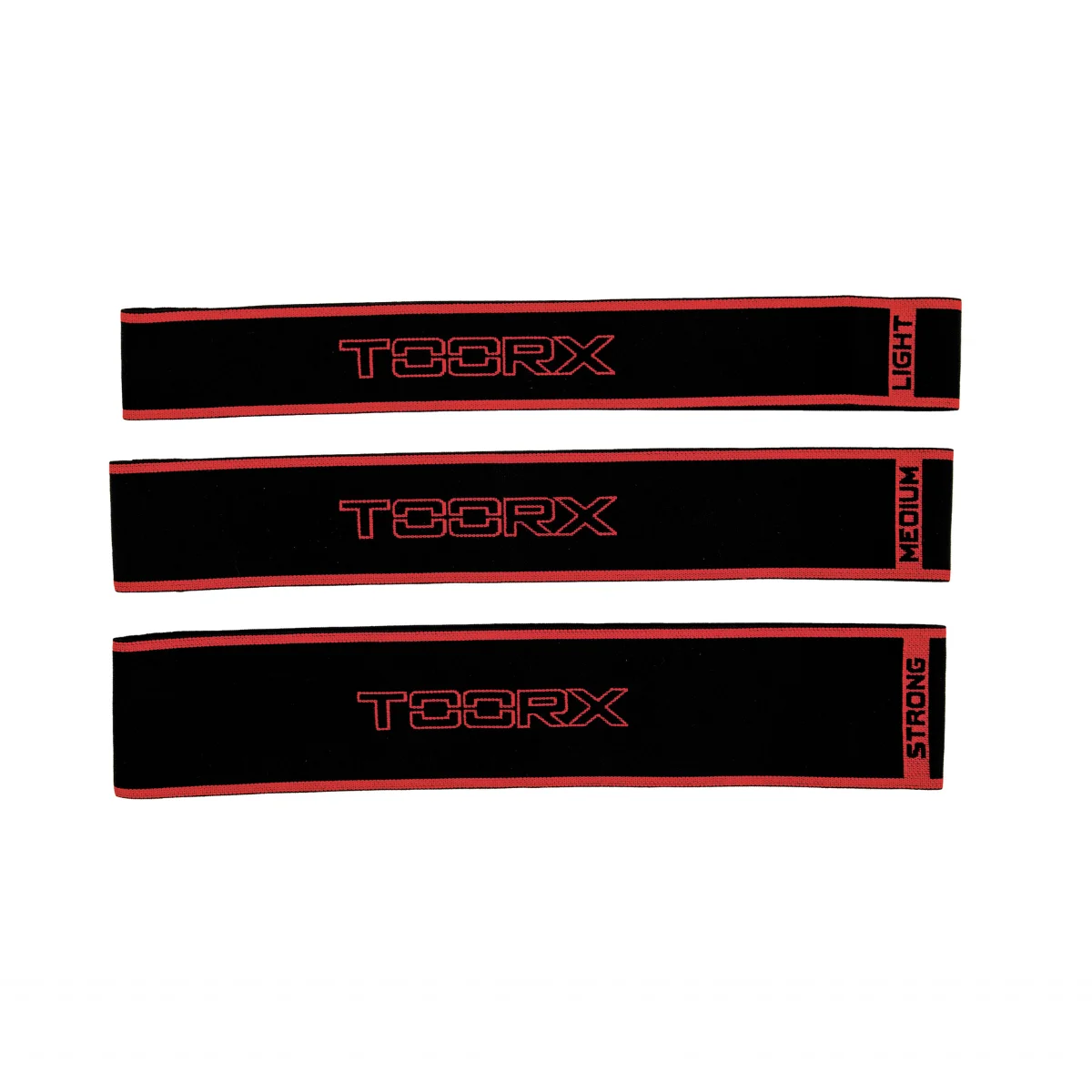 Trois bandes de résistance TOORX noires avec texte rouge, étiquetées Light, Medium, Strong.