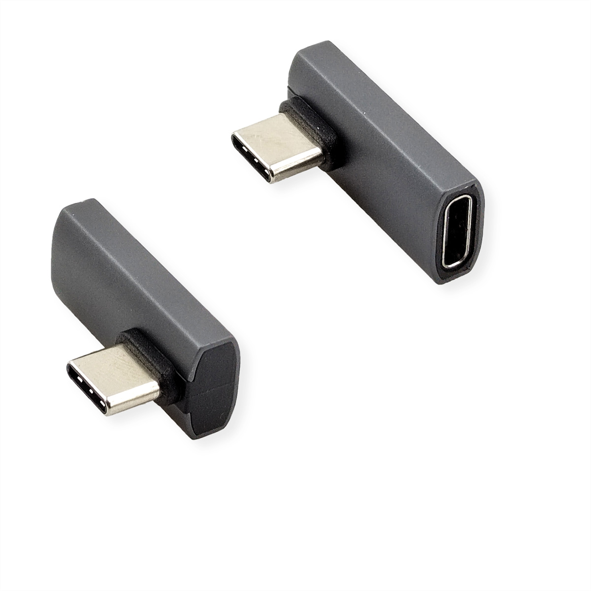 Deux adaptateurs USB-C gris, coudés, sur fond blanc.