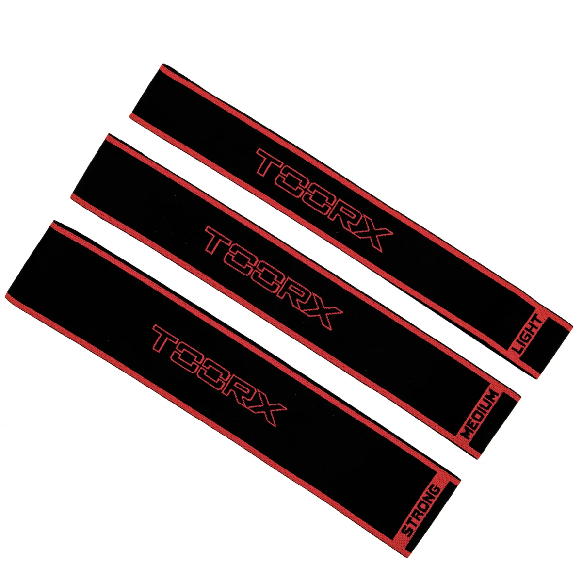 Trois bandes de résistance noires avec texte rouge TOORX et niveaux de force.