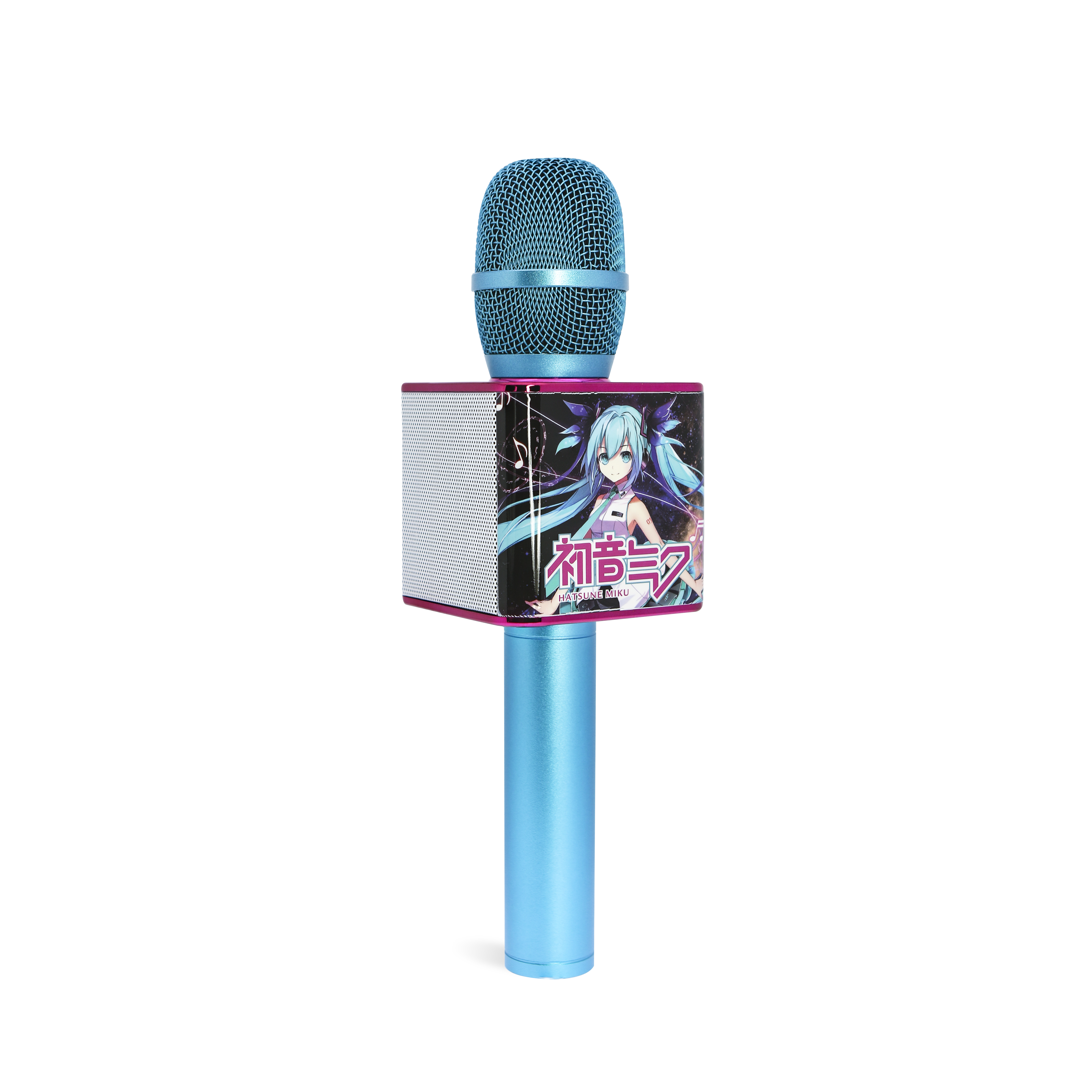 Een blauwe en roze karaokemicrofoon, met een cartoonillustratie van een meisje met lang blauw haar.