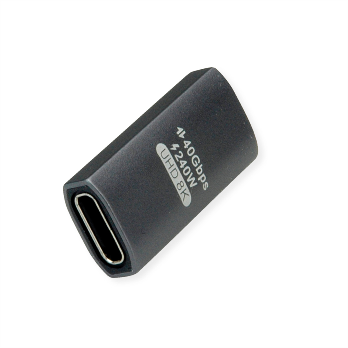 Adaptateur USB-C noir, étiqueté avec 40 Gbit/s, 240W et UHD 8K, sur fond blanc.