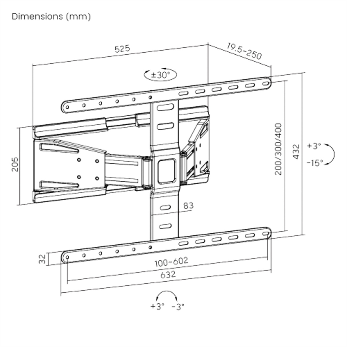 Disegno tecnico con misure, staffe e dimensioni per un supporto TV.