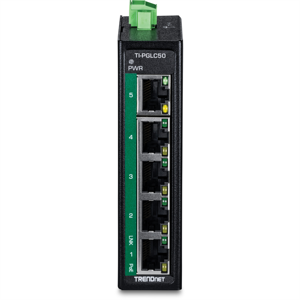 Commutateur TRENDnet noir avec 5 ports et LED vertes, avec le logo TRENDnet.