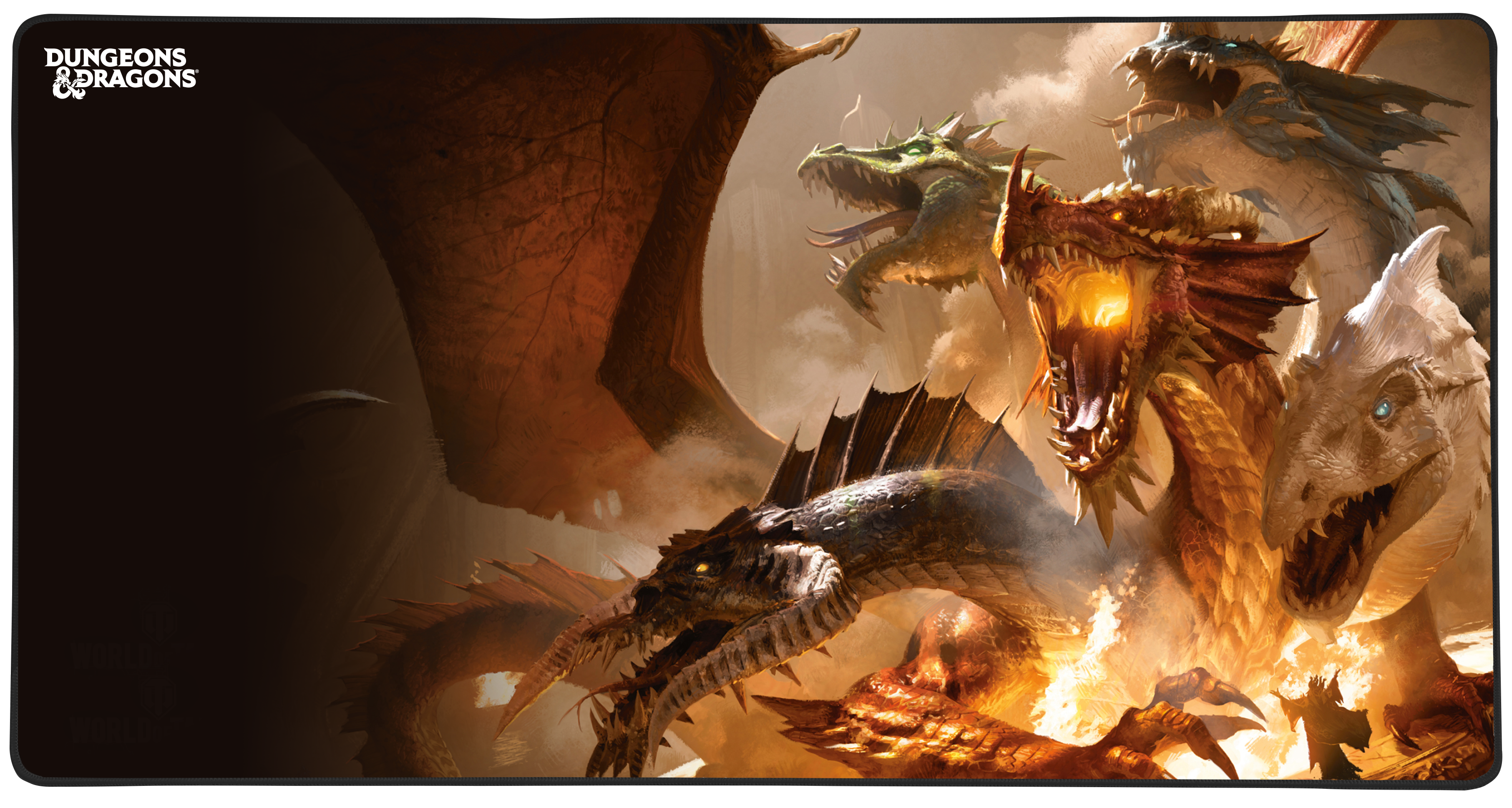 Podkładka pod mysz z motywem Dungeons & Dragons, z smokami i ciemnym tłem.