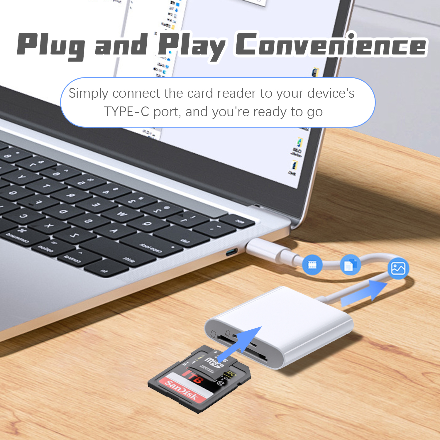 Laptop z podłączonym czytnikiem kart. Karta SD włożona. Czytnik jest biały. Drewniane biurko.