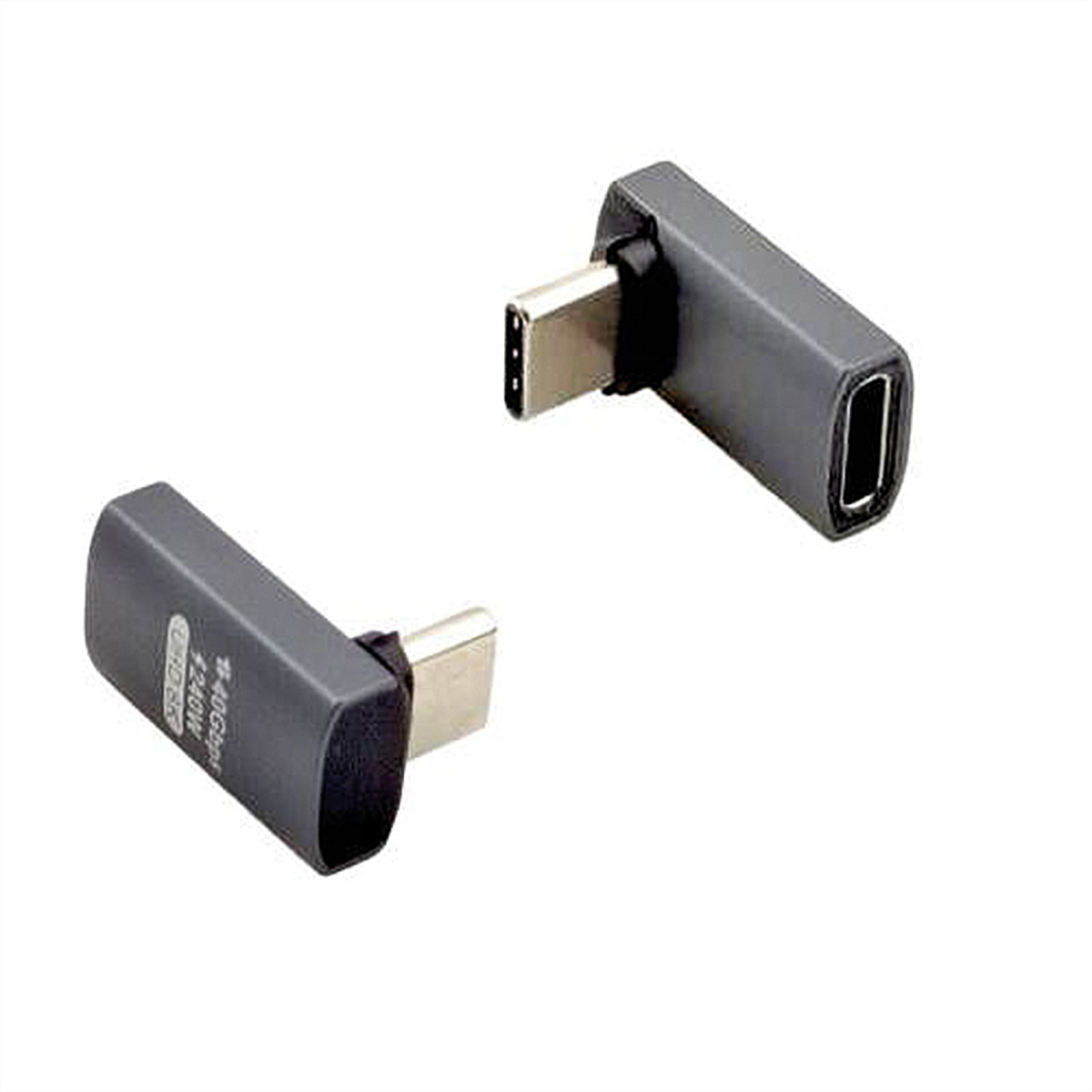 Deux adaptateurs USB-C gris, coudés, avec étiquettes sur fond blanc.
