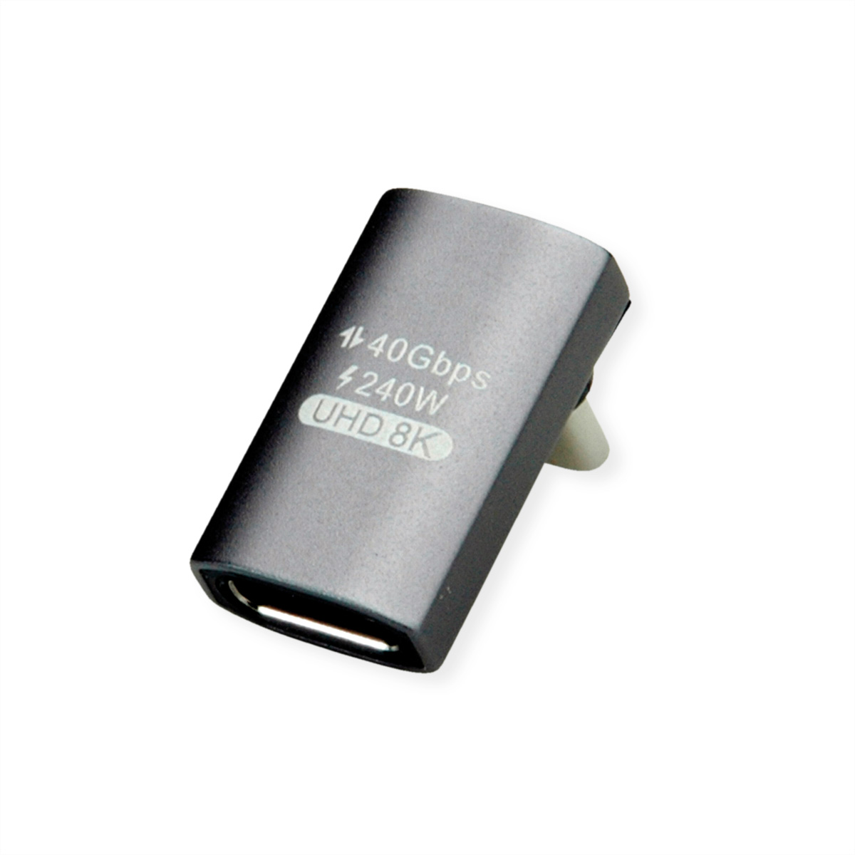 Adaptateur USB-C gris, étiqueté avec 40 Gbit/s, 240W et UHD 8K, sur fond blanc.