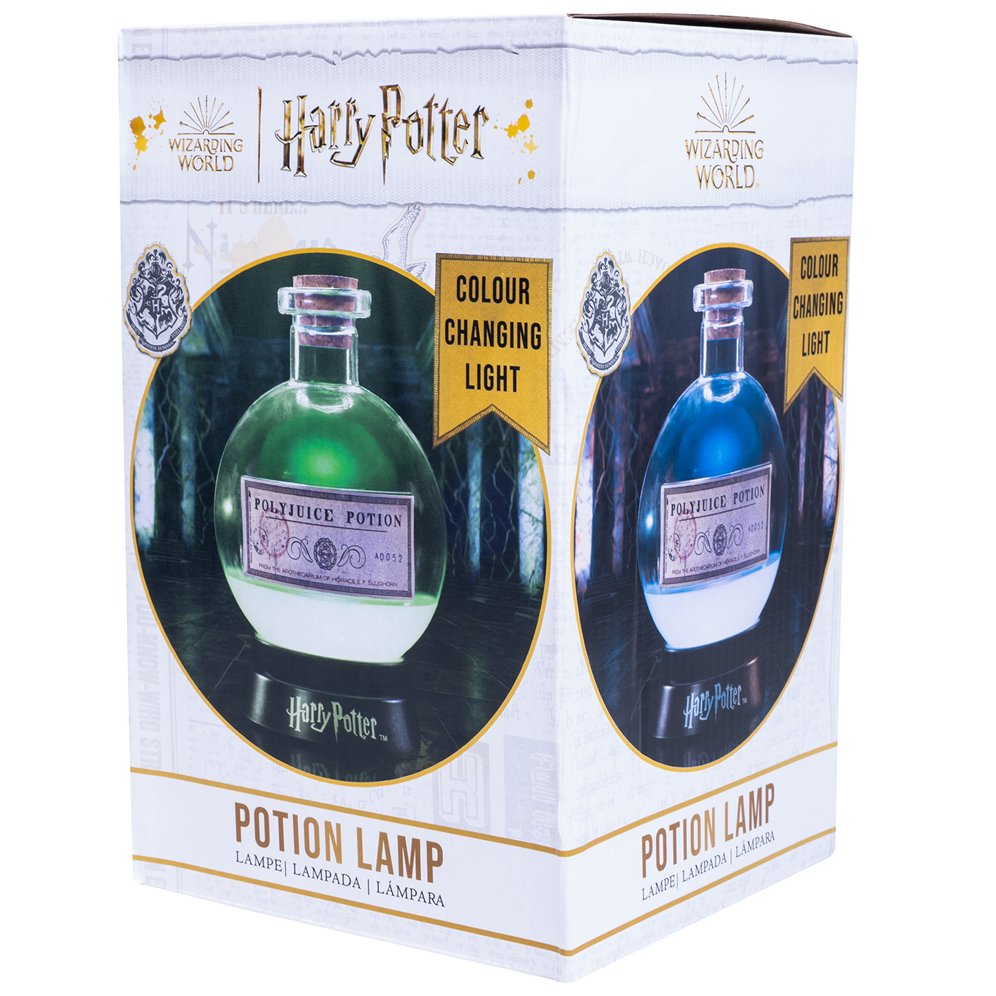 Harry Potter toverdranklamp in een doos, groen en blauw. Achtergrond: wit.