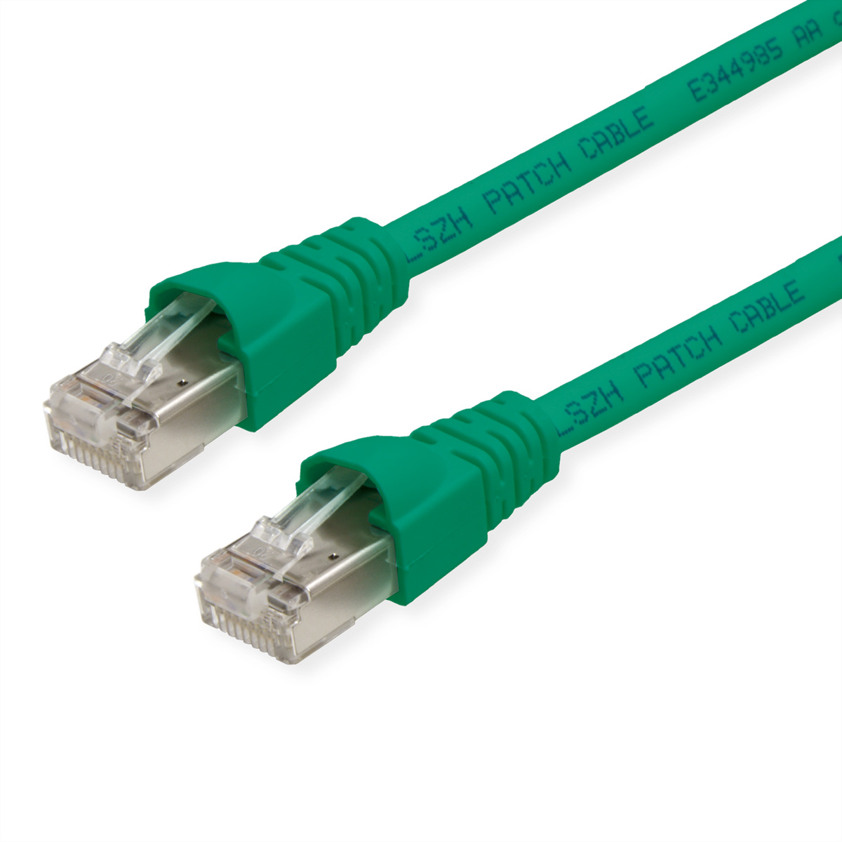 Groene netwerkkabel met transparante connectoren op een witte achtergrond.